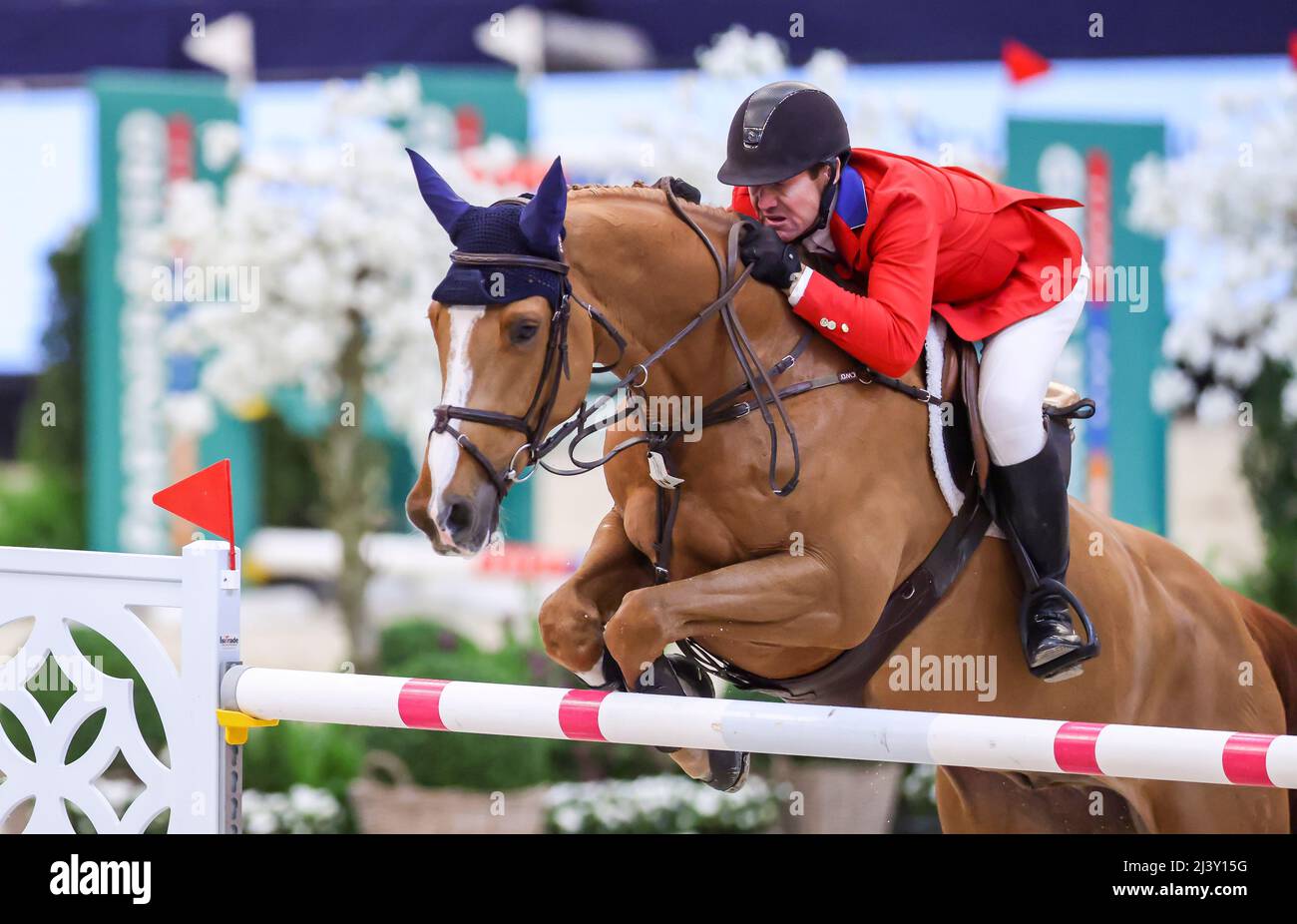 Leipzig, Germany. 10th Apr, 2022. McLain Ward from the USA rides Contagious in the final of the Longines Fei Jumping World Cup at the Leipzig Fair. Credit: Jan Woitas/dpa/Alamy Live News Stock Photo