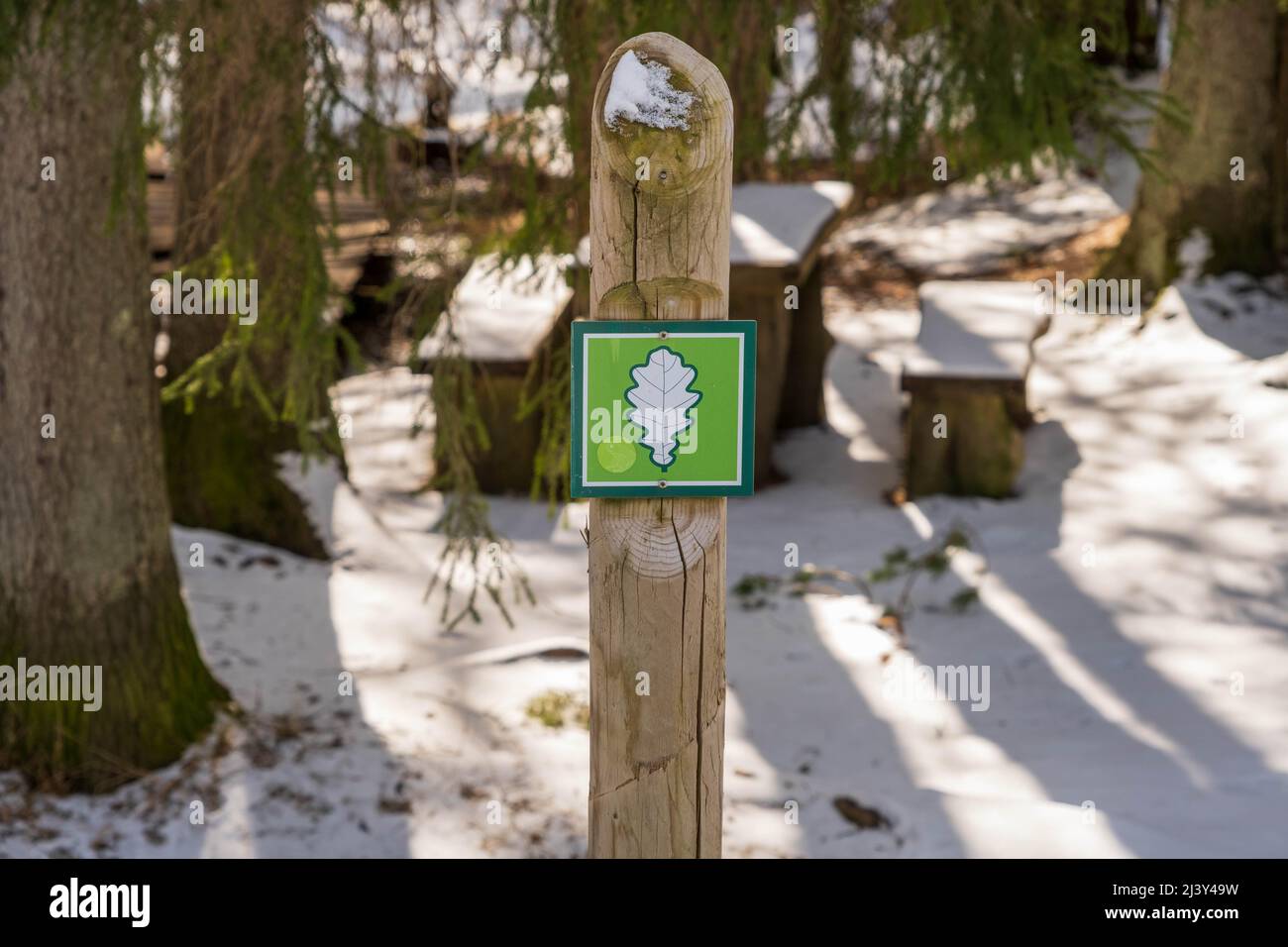Open Sign Nature nature reserve, park sign with oak leaves. In Latvia Stock Photo - Alamy