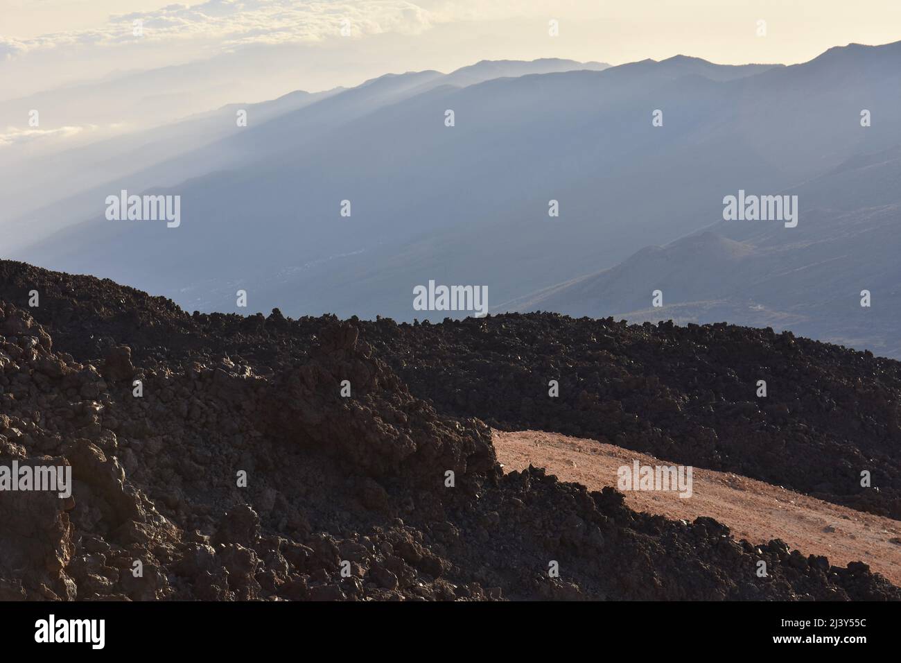 Volcanic rocks solidified lava flow, high elevation view in the morning, Teide National Park Tenerife Canary Islands Spain. Stock Photo