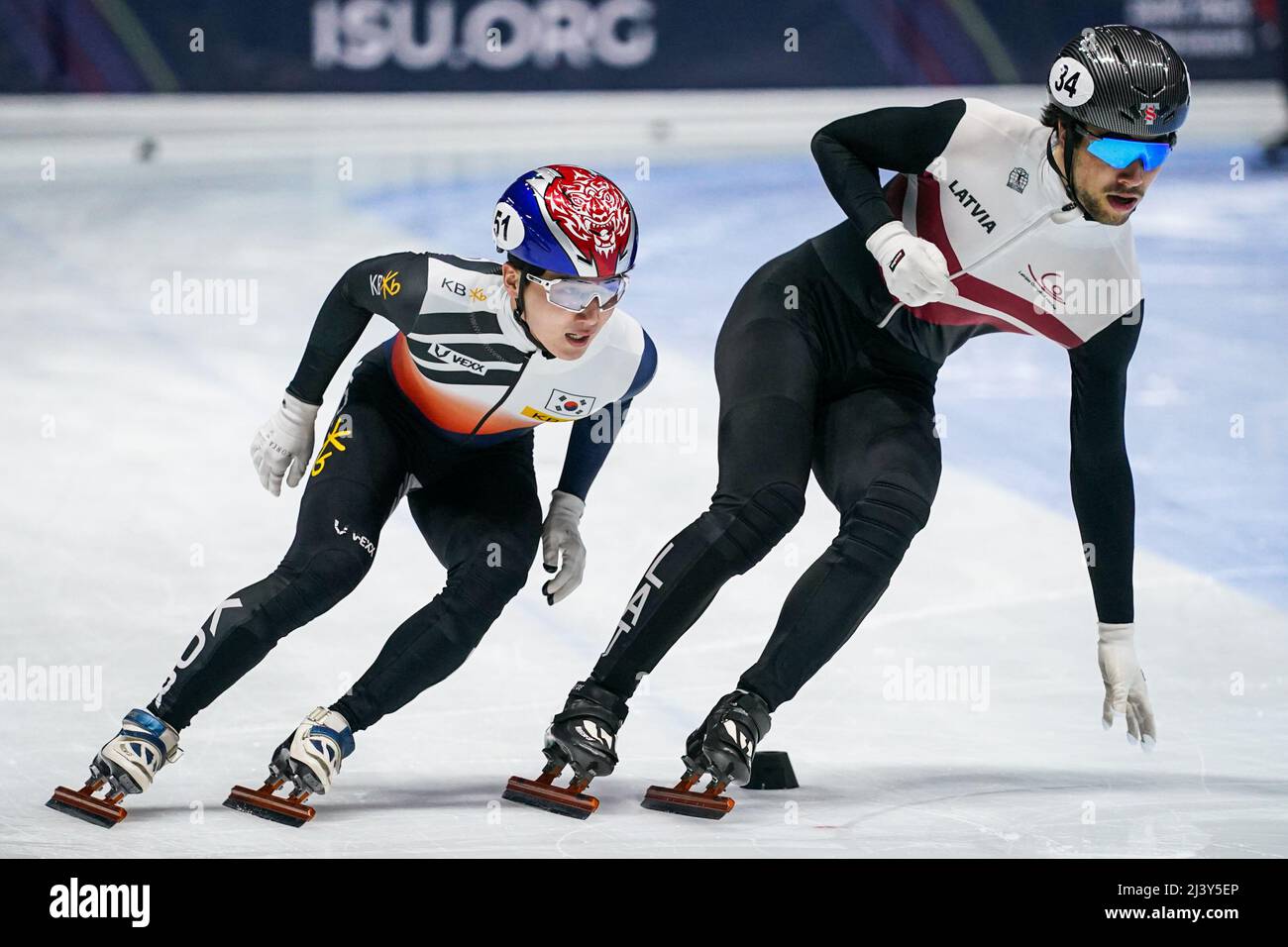 MONTREAL, CANADA - APRIL 10: Dongwook Kim of the Republic of Korea and Roberts Kruzbergs of Latvia during Day 3 of the ISU World Short Track Championships at the Maurice Richard Arena on April 10, 2022 in Montreal, Canada (Photo by Andre Weening/Orange Pictures) Stock Photo