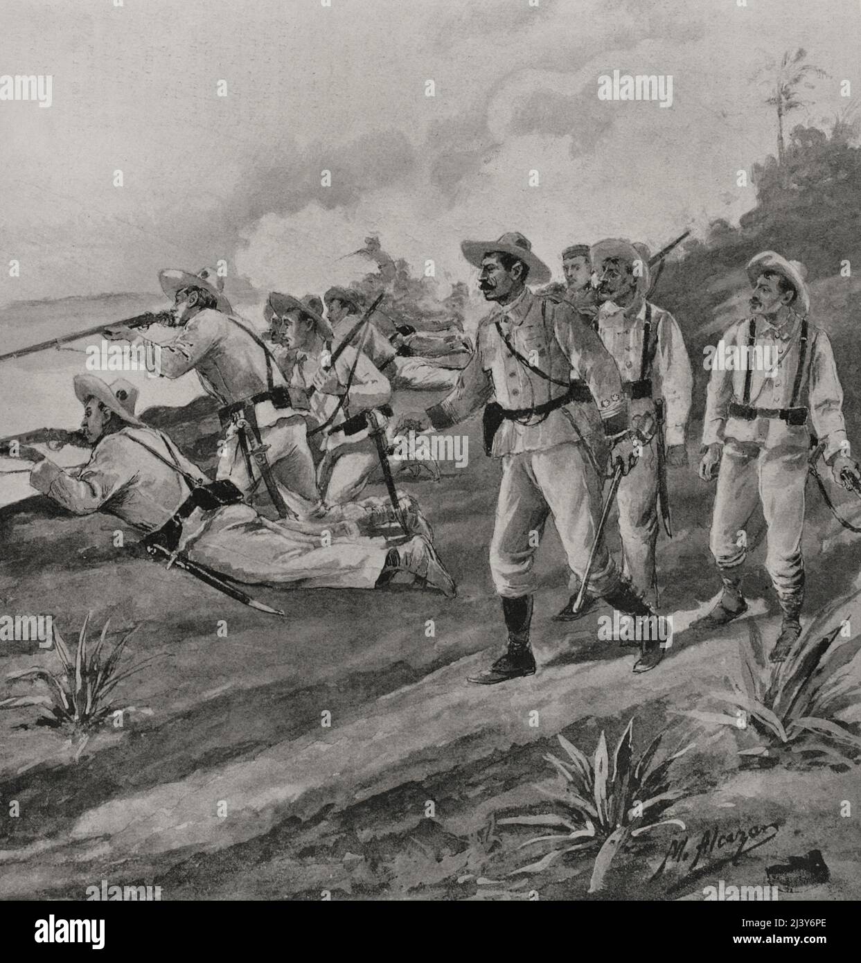 Spanish-American War. War conflict between Spain and the United States in 1898, the result of the North American intervention in the Cuban war of independence. Spanish soldiers rejecting the landing of US troops on the coast of Cienfuegos (Cuba). Illustration by M. Alcázar. Detail. Photoengraving by Laporta. La Ilustración Española y Americana, 1898. Stock Photo