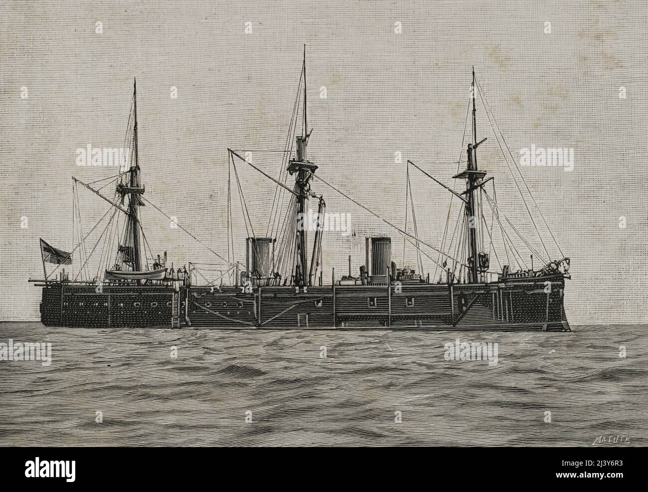 The German East Asia Squadron. China. The Imperial German Navy battleship, Kaiser class, SMS Deutschland (1875-1904). It was assigned to the East Asia Squadron for three years. Engraving by Matute. La Ilustración Española y Americana, 1898. Stock Photo