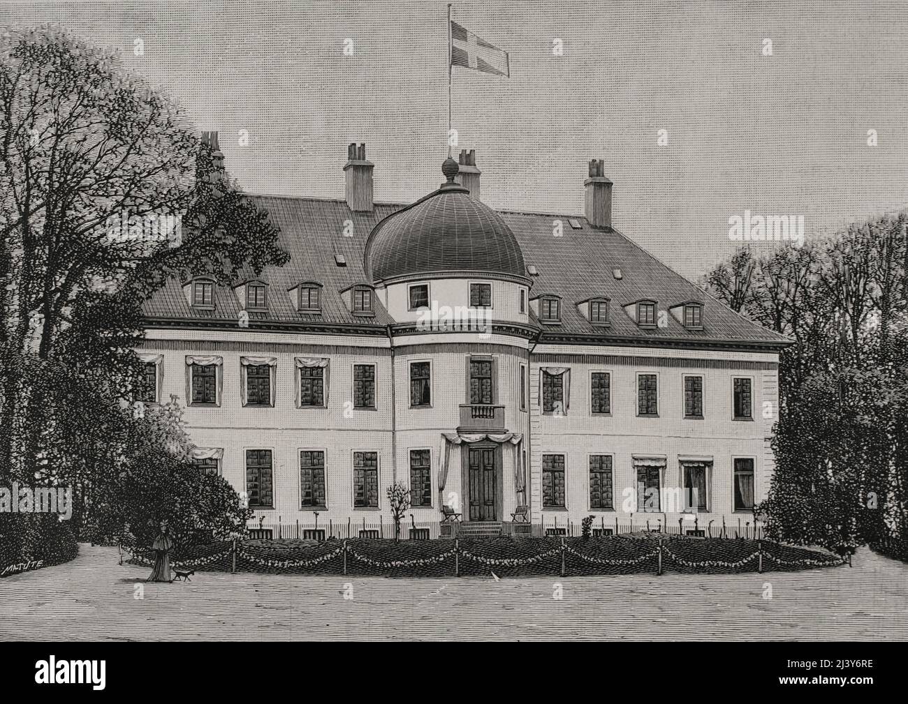 Denmark, Gentofte. Bernstorff Palace, the royal summer residence where Queen Louise (1817-1898) died. Neoclassical building completed in 1765. Engraving by Matute. La Ilustración Española y Americana, 1898. Stock Photo