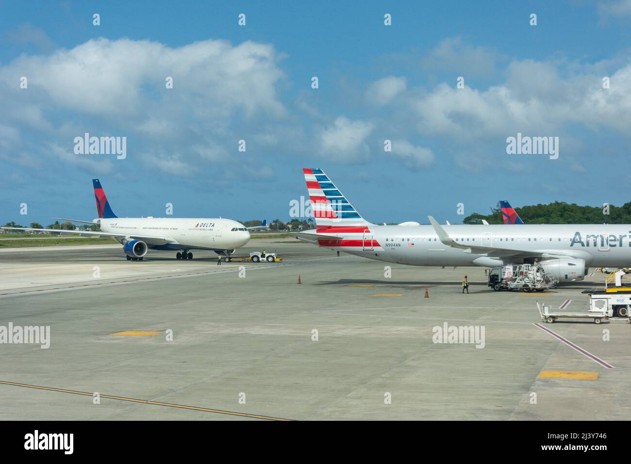 American and Delta Airlines at Sangster International Airport, Montego Bay, St James Parish, Jamaica, Greater Antilles, Caribbean Stock Photo