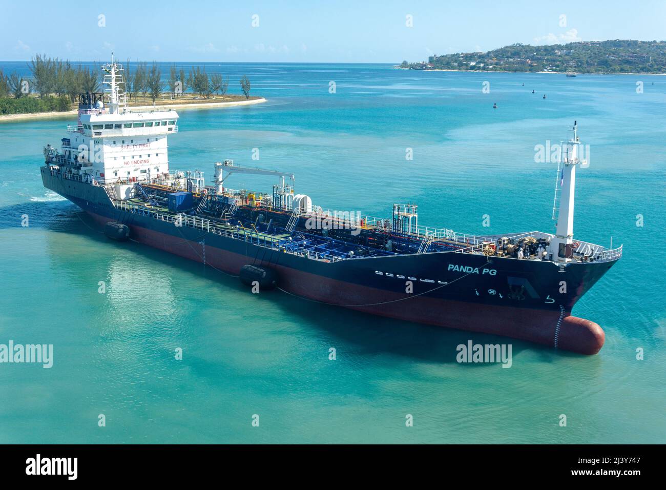 Panda PG oil tanker refuelling cruise ship, Montego Bay, St James Parish, Jamaica, Greater Antilles, Caribbean Stock Photo