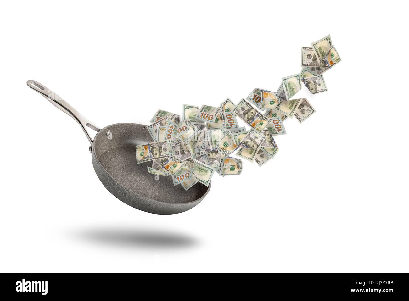 Rising food prices. The concept of rising cost of food. Money in a pot. Dollar bills fly over a