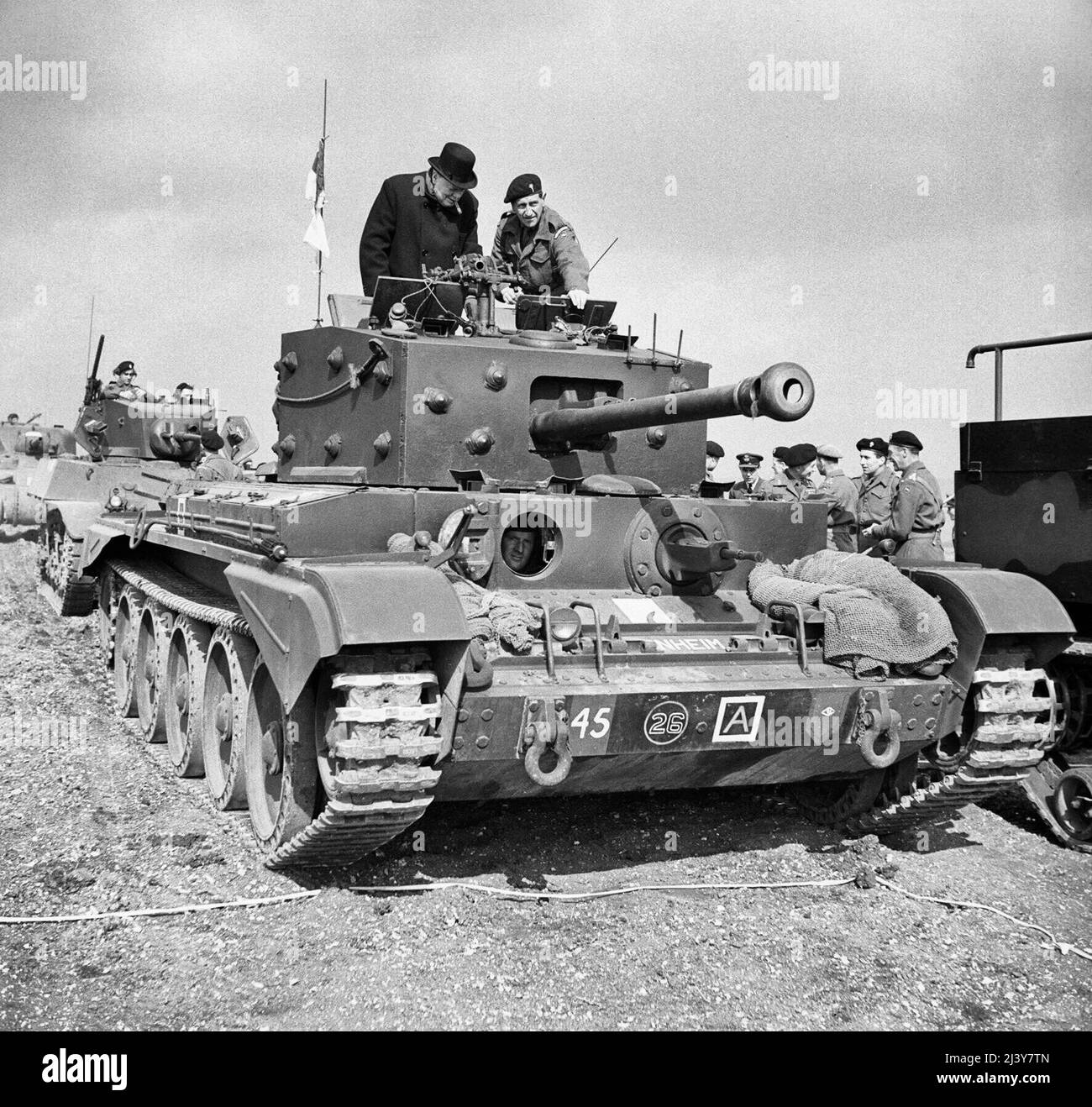 Winston Churchill during the Second World War Winston Churchill inspects a Cromwell Mk IV tank of No. 2 Squadron, 2nd (Armoured Reconnaissance) Battalion, Welsh Guards, at Pickering in Yorkshire, 31 March 1944. The tank is named 'Blenheim'. The tank was the mount of Major John Ogilvie Spencer, commanding No. 2 Squadron, and later killed in Belgium on 9 September 1944. Stock Photo