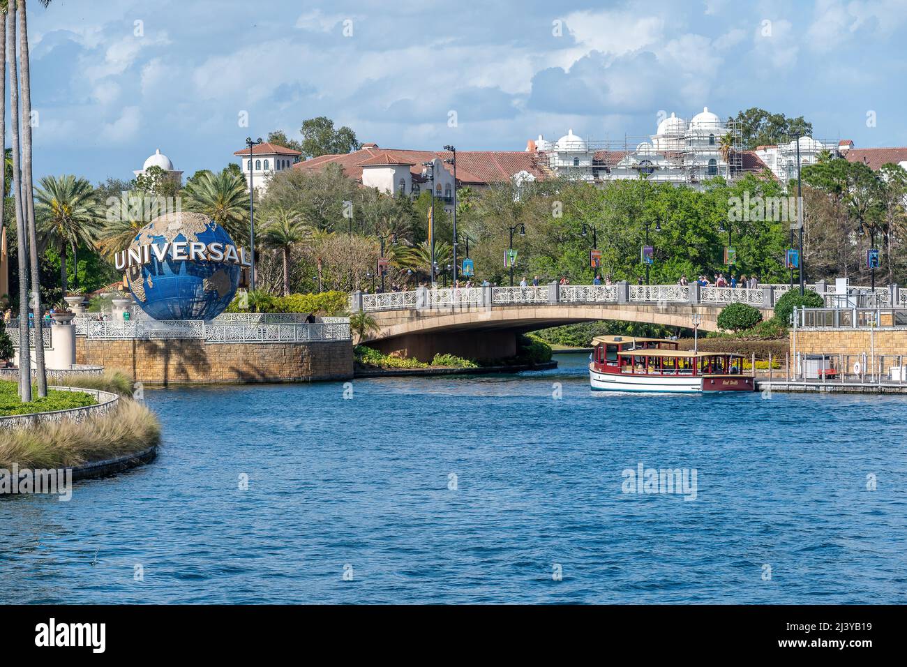ORLANDO, USA - MARCH 07 2022: Globe and lake at Universal Studios Stock Photo