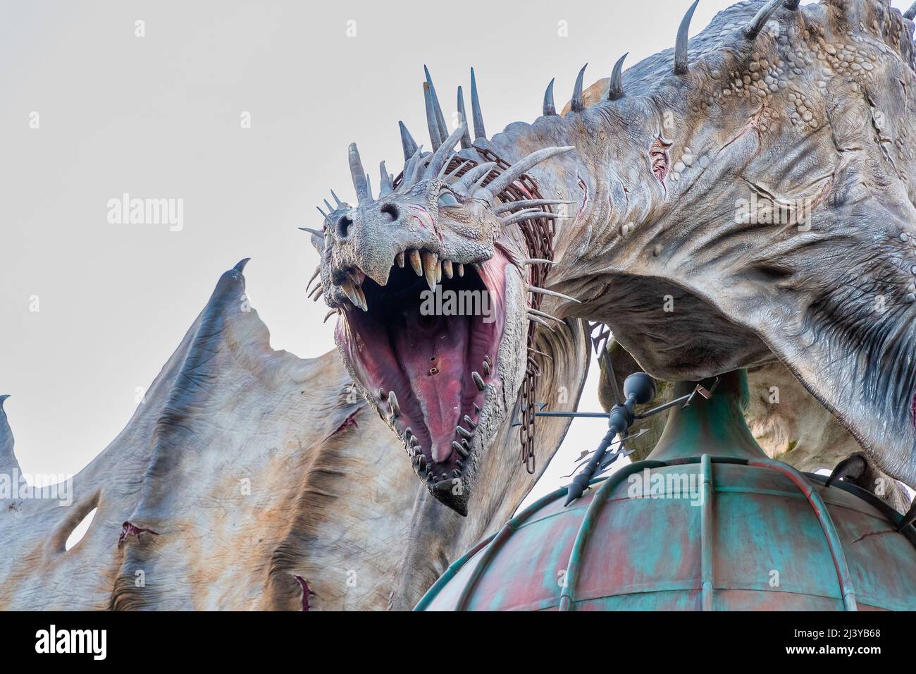 ORLANDO, USA - MARCH 07 2022: The dragon at Gringott Bank at Universal Studios Stock Photo