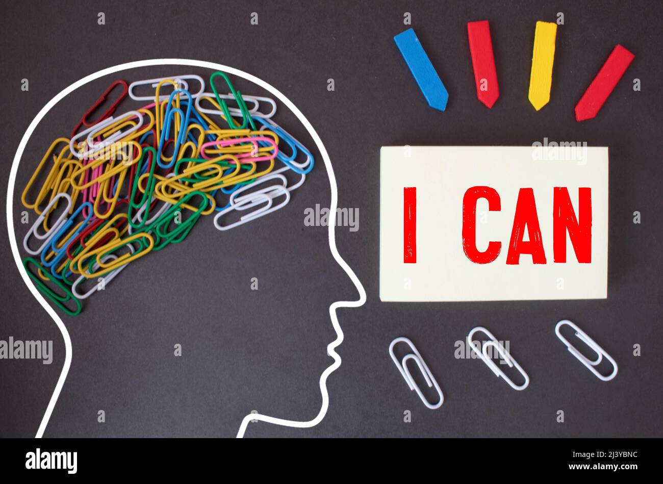 Use the scissors to remove the word I can't read, I can. The concept of self-belief, positive attitude, and motivation. Self-motivation. I can't. I ca Stock Photo