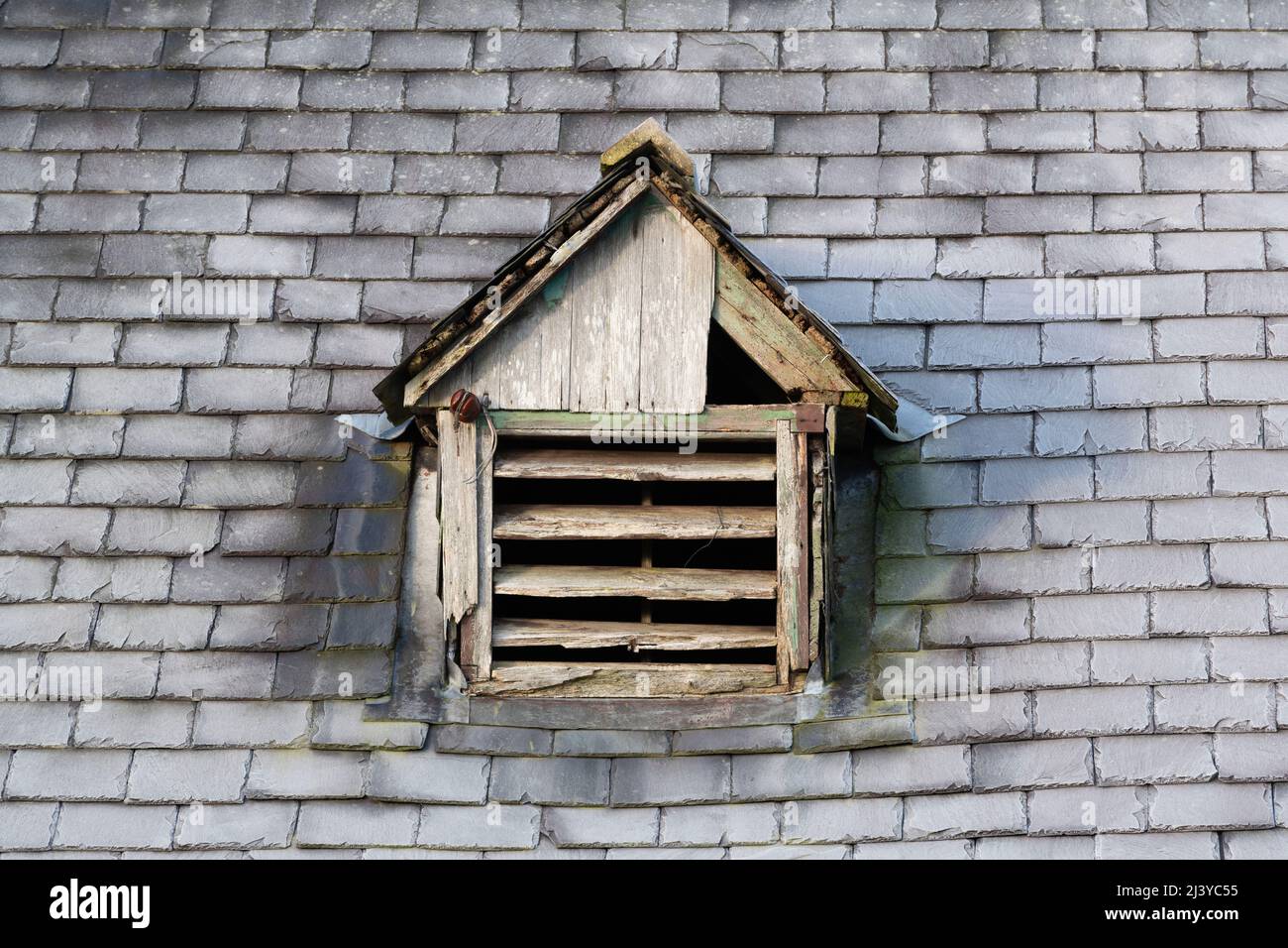 An Old Air Vent with Wooden Slats in a State of Disrepair on a Frosted