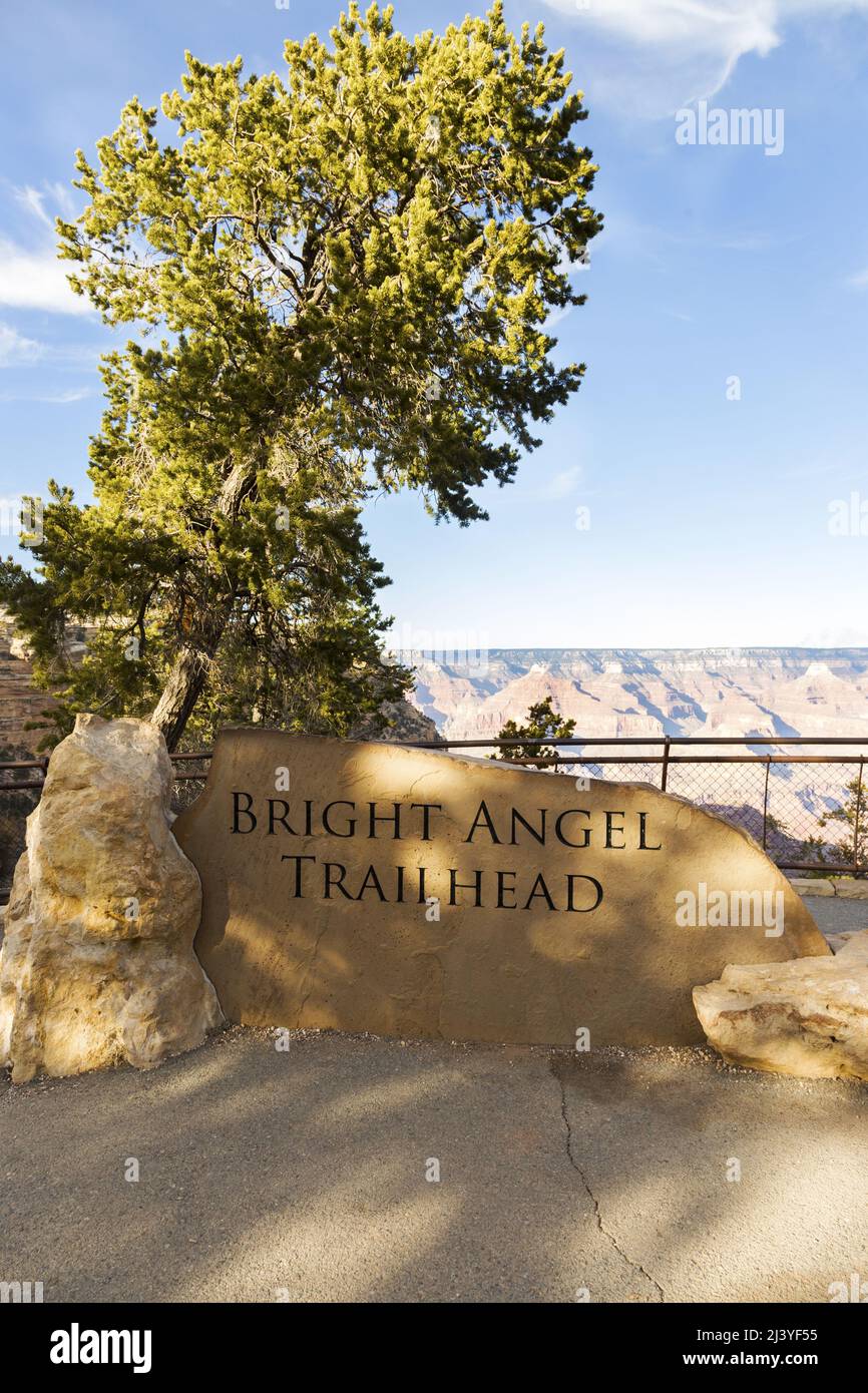 Bright Angel Point Hiking Trail Stone Table Sign at South Rim of Grand Canyon, Arizona US National Park Stock Photo