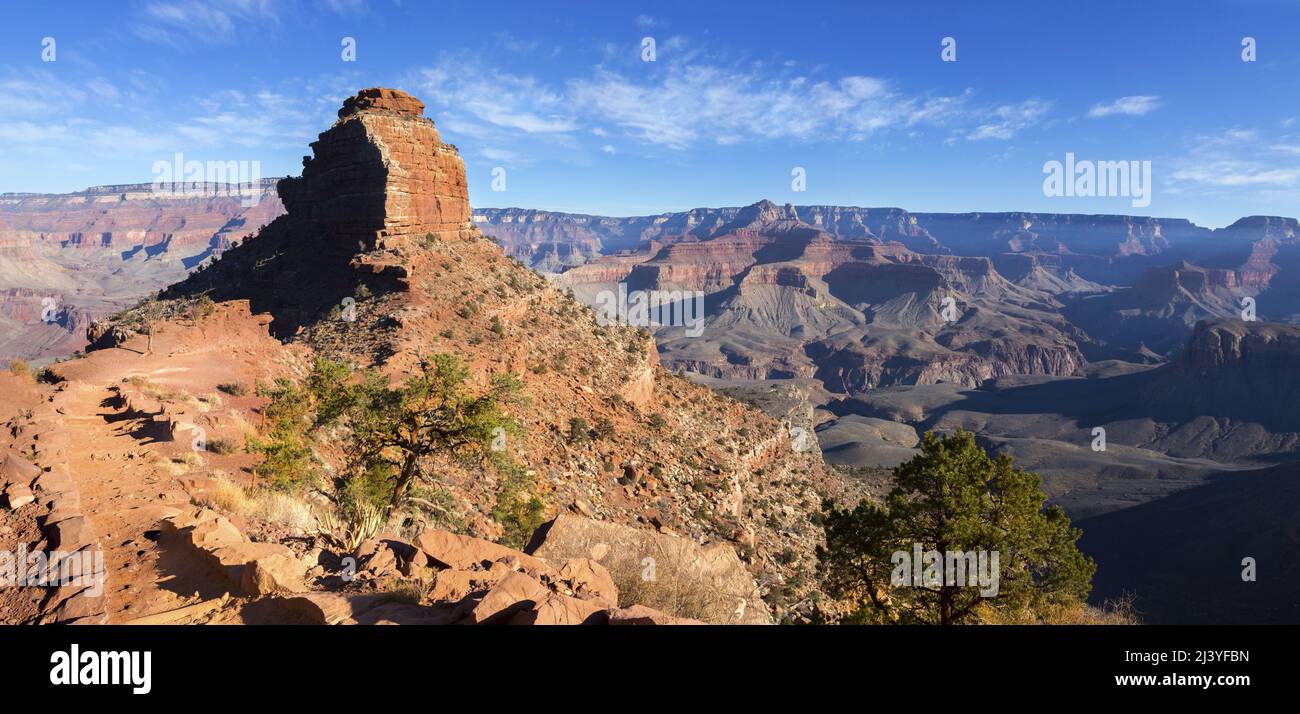 Scenic Rock Formation and Grand Canyon National Park Panoramic Landscape on Famous South Kaibab Hiking Trail, Arizona USA Stock Photo