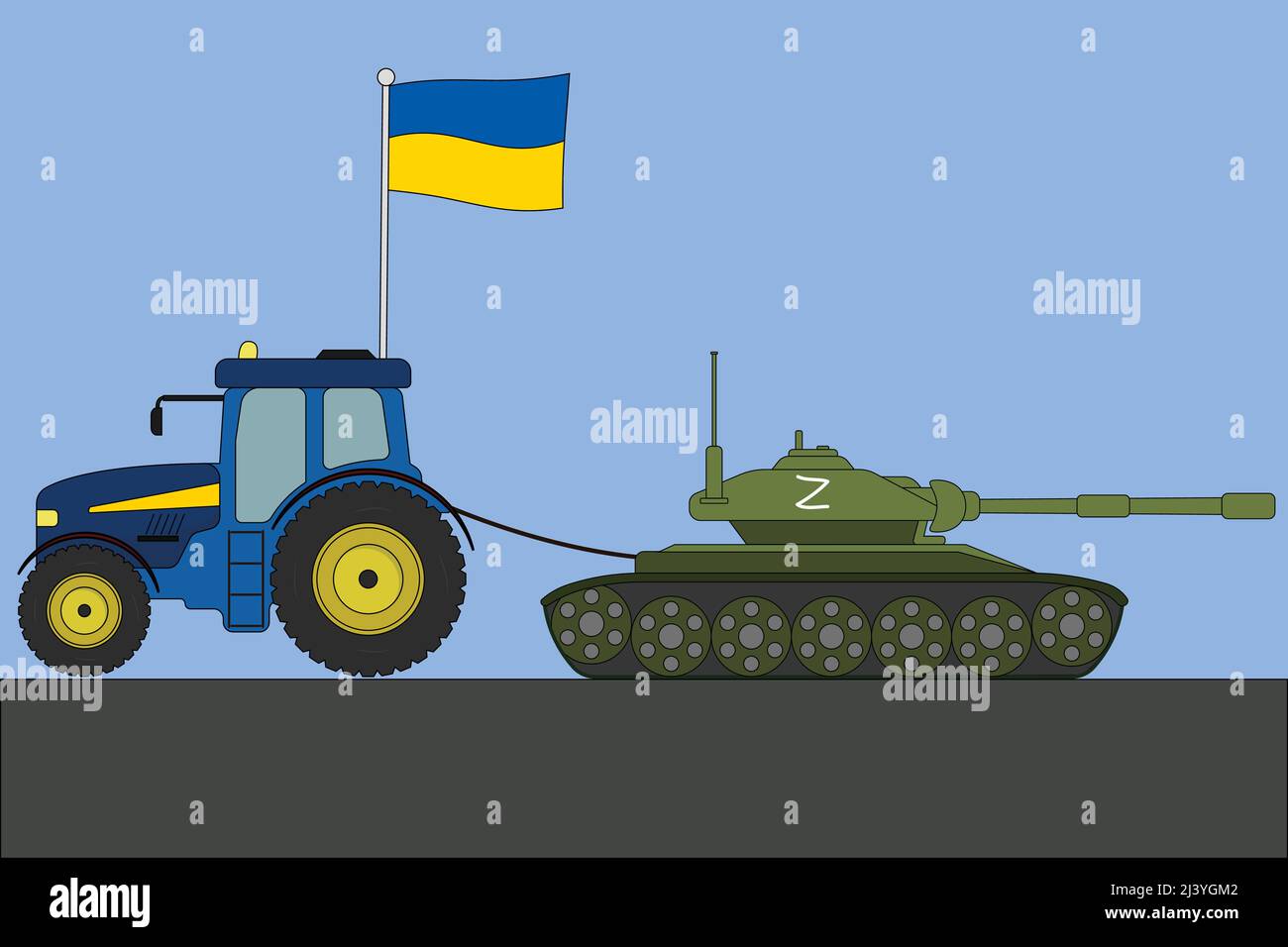 Ukrainian tractor tows away a tank with a Russian tank with a Z symbol vector illustration Stock Vector