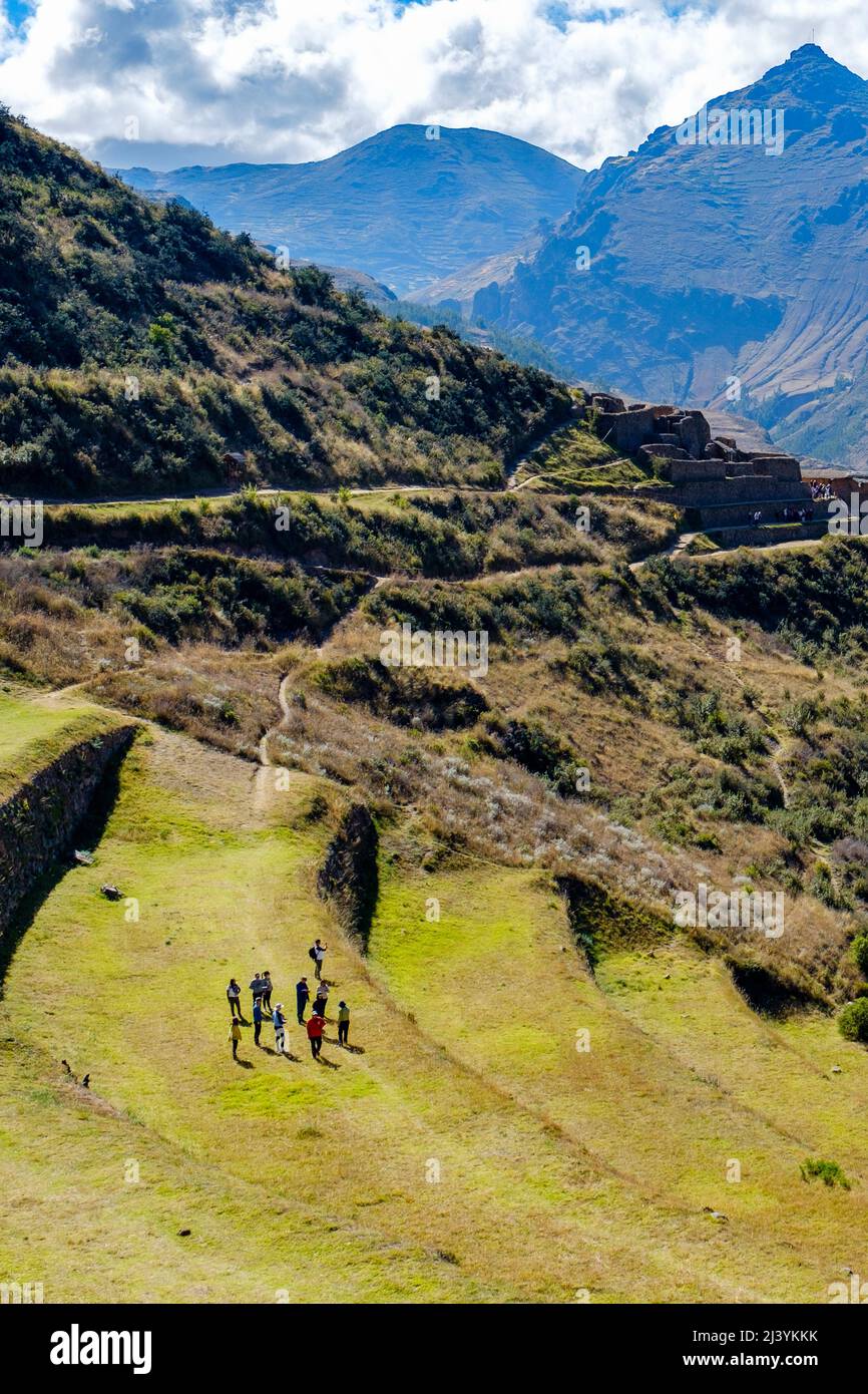 Pisac ruins andenes, agricultural terraces at the Qantas Raqay sector of Pisac fortress ruins, Sacred Valley, Peru. Stock Photo