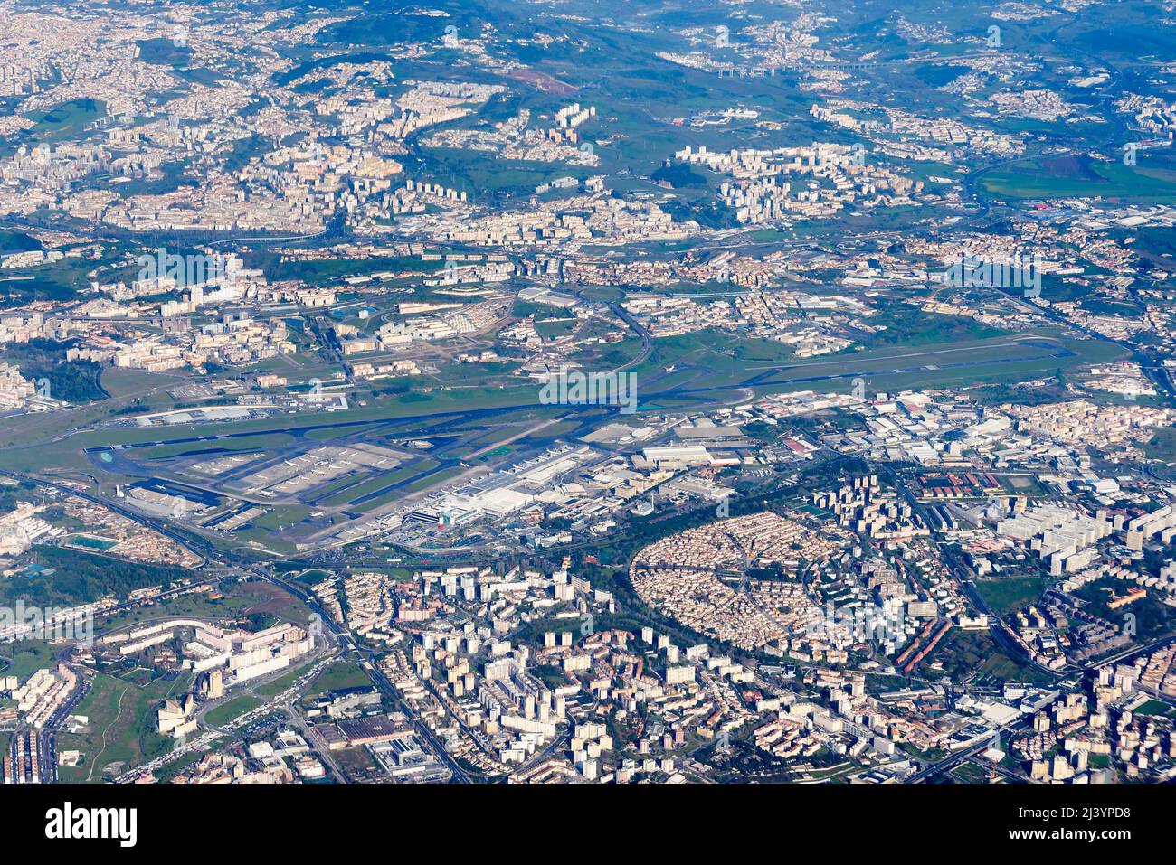 Lisbon Airport aerial view. Portela Airport located in Lisbon, Portugal. Airport used be TAP as its hub. Overview of Lisbon Humberto Delgado Airport. Stock Photo