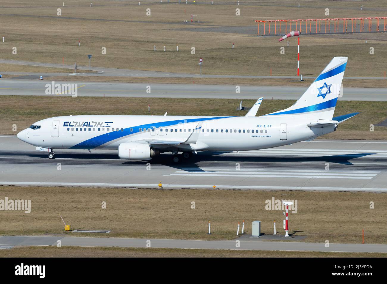 El Al Israel Airlines Boeing 737 airplane. Aircraft operating for israel flag carrier El Al inbound bound to Tel Aviv. Stock Photo