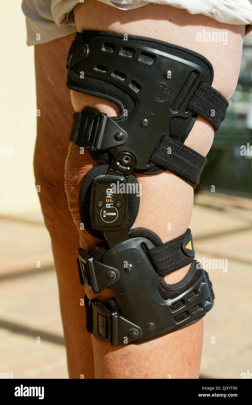large brace, man's leg, knee pain, support, orthopedic problem, medical