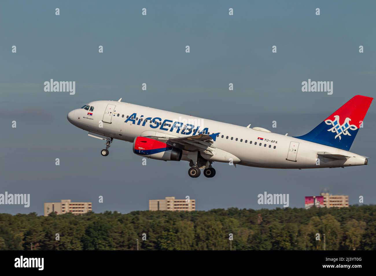 Berlin, Germany - September 15, 2018: Air Serbia Airbus A319 aircraft named after Miki Manojlovic departing from Tegel Airport Stock Photo