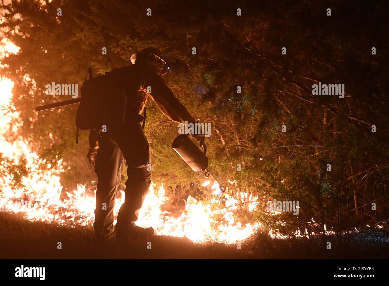 Francisco Lugo Texas State Forrest Service Fredricksburg Task Force Strike Team Firefighter Does A Controlled Burn Out To Manage The Area Of A Large Wildfire Apr 9 22 At Joint Base San Antonio