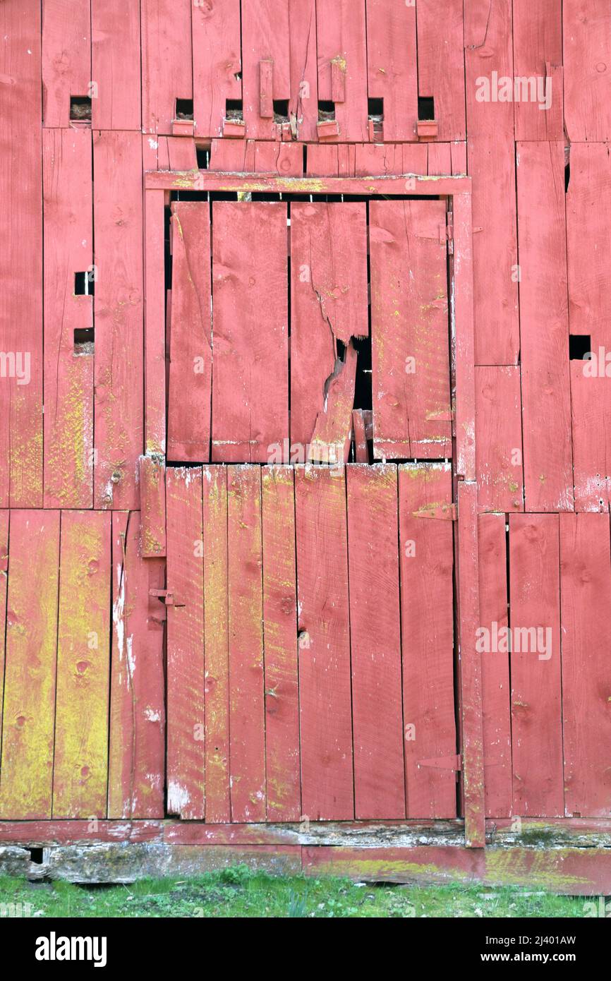 Weathered, red wood door of an old barn. Stock Photo