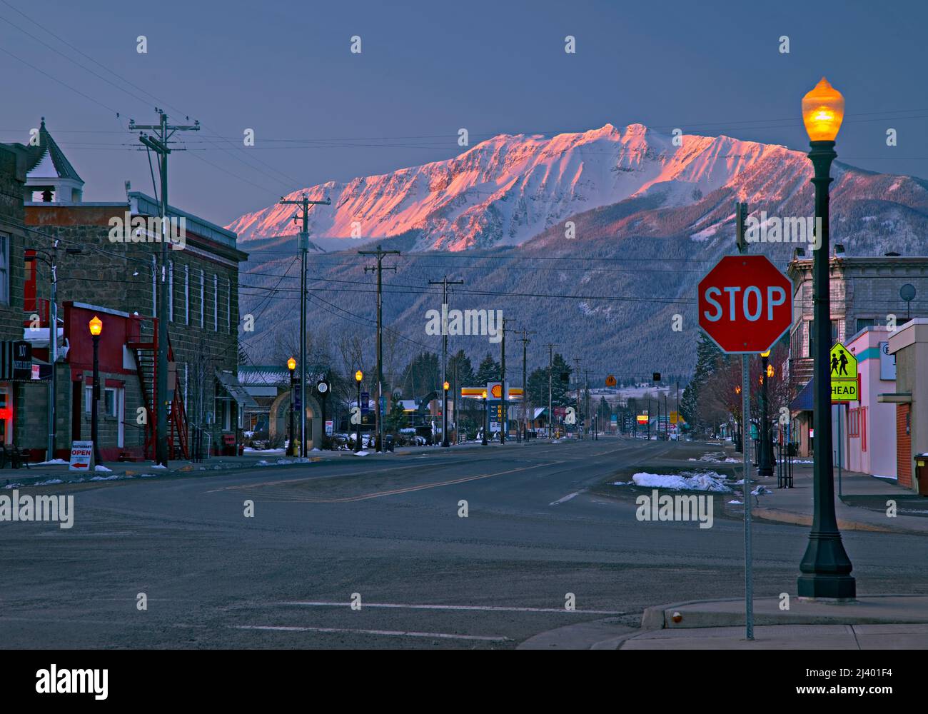 Town of Enterprise at sunrise, Wallowa Valley, Oregon Stock Photo
