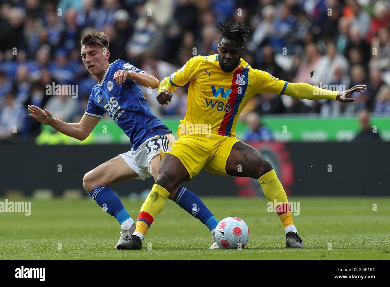 Leicester Uk 10th Apr 22 Jeffrey Schlupp 15 Of Crystal Palace Shields The Ball From Luke Thomas 33 Of Leicester City In Leicester United Kingdom On 4 10 22 Photo By James Heaton News Images Sipa