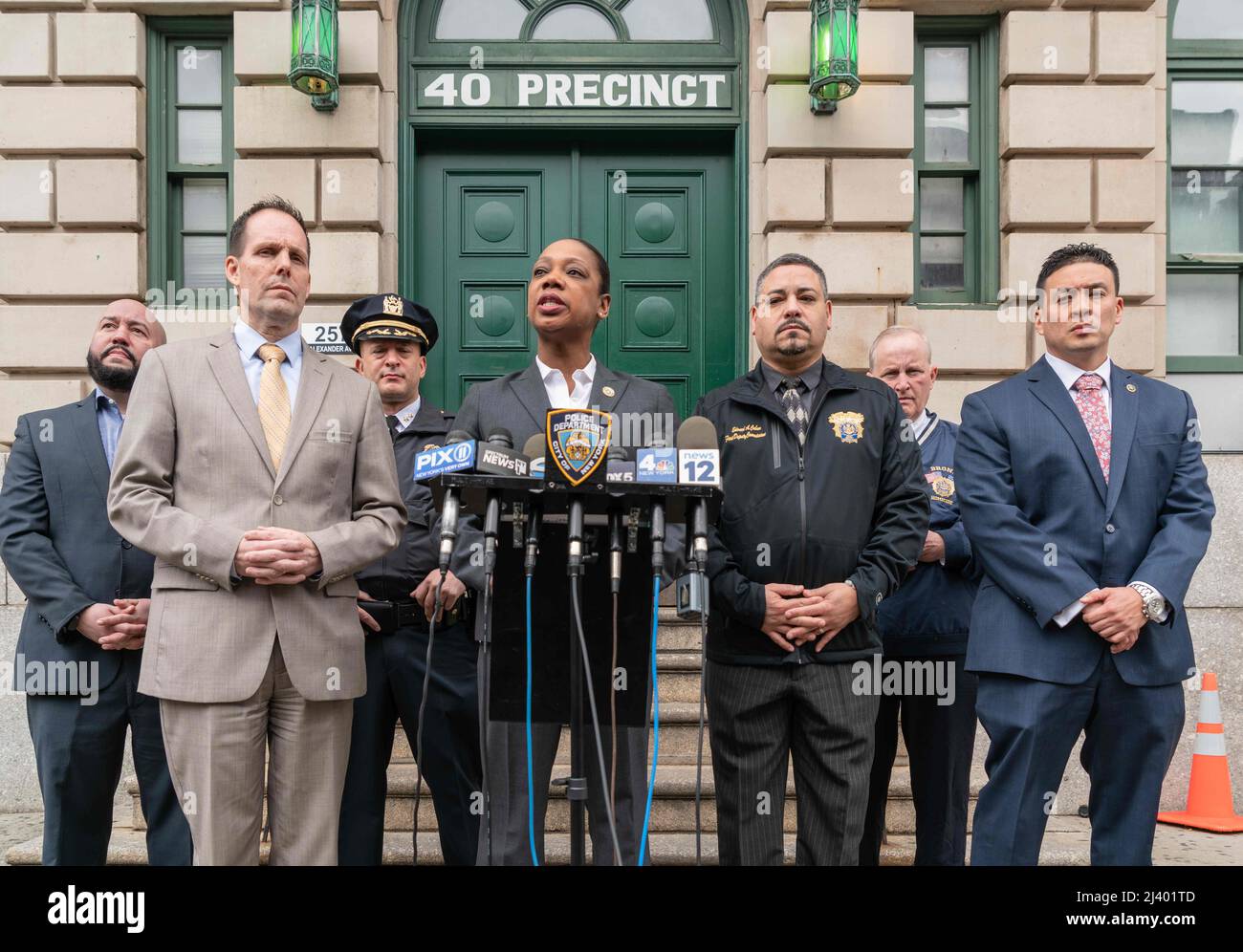 Bronx, New York, USA. 9th Apr, 2022. NYPD Commissioner Keechant L. Sewell, Deputy Chief Tim McCormack and other executives held a press conference to brief the media on an arrest of a 17 year old male responsible for the fatal shooting of a 16 year old girl and two others in the Bronx. (Credit Image: © Steve Sanchez/Pacific Press via ZUMA Press Wire) Stock Photo