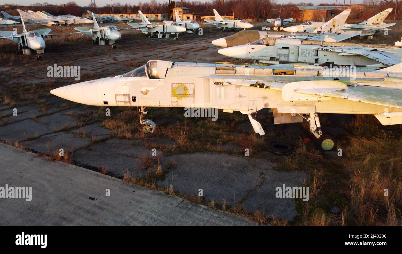 Aerial drone view flight over parking lot of old dismantled aircraft ...