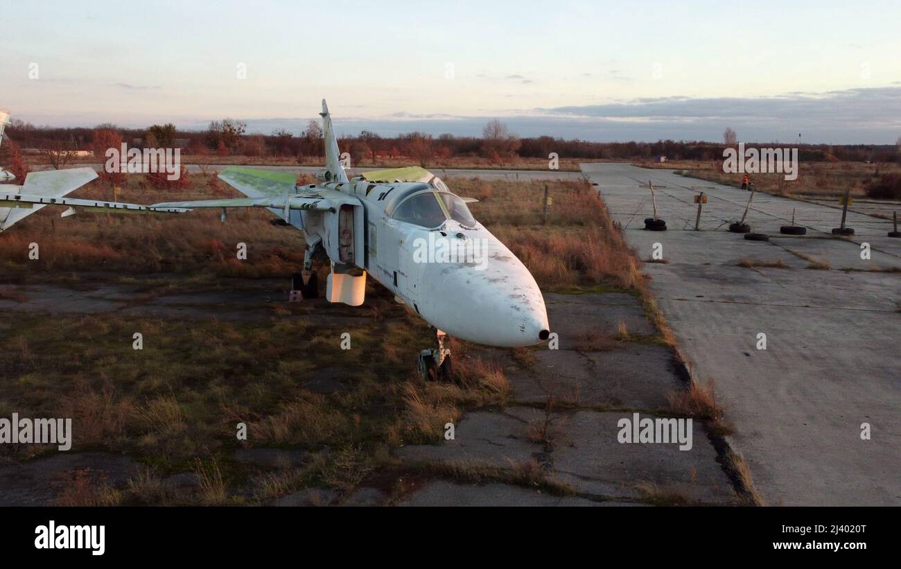 Aerial drone view flight over parking lot of old dismantled aircraft ...
