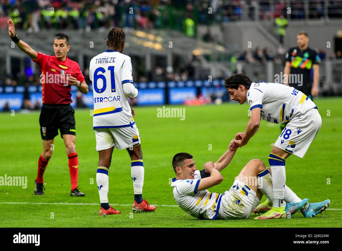 Milano, Italy. 09th, April 2022. Bosko Sutalo (31) and Matteo Cancellieri (18) of Hellas Verona seen in the Serie A match between Inter and Hellas Verona at Giuseppe Meazza in Milano. (Photo credit: Gonzales Photo - Tommaso Fimiano). Stock Photo