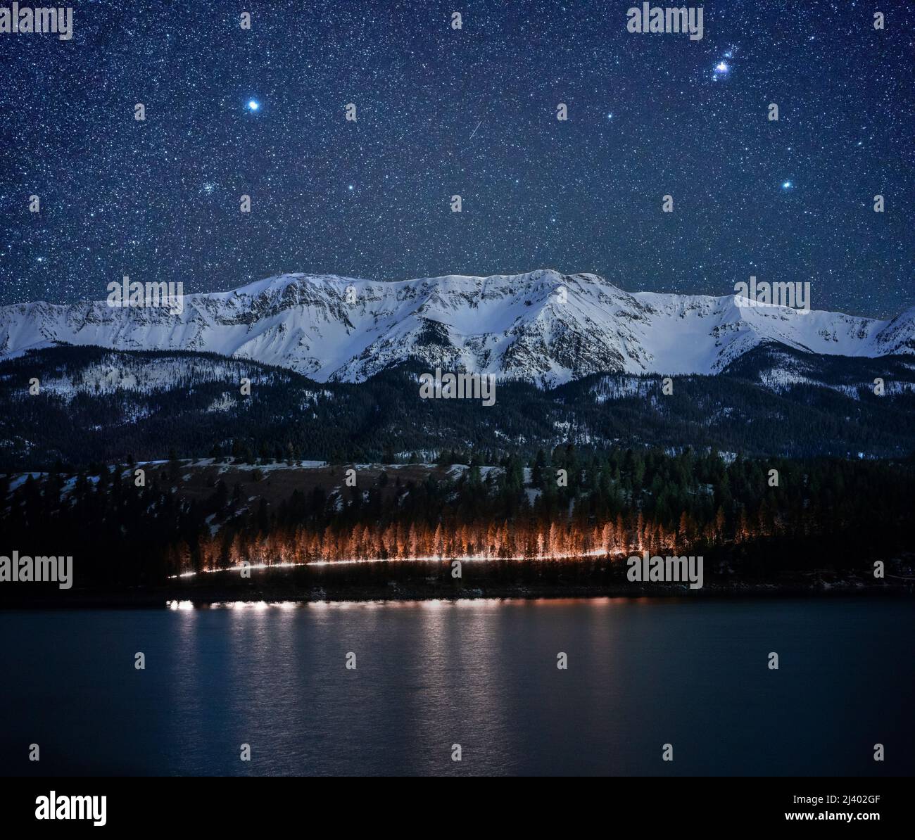 Chief Joseph Mountain under a night sky, Wallowa Lake, Oregon Stock Photo