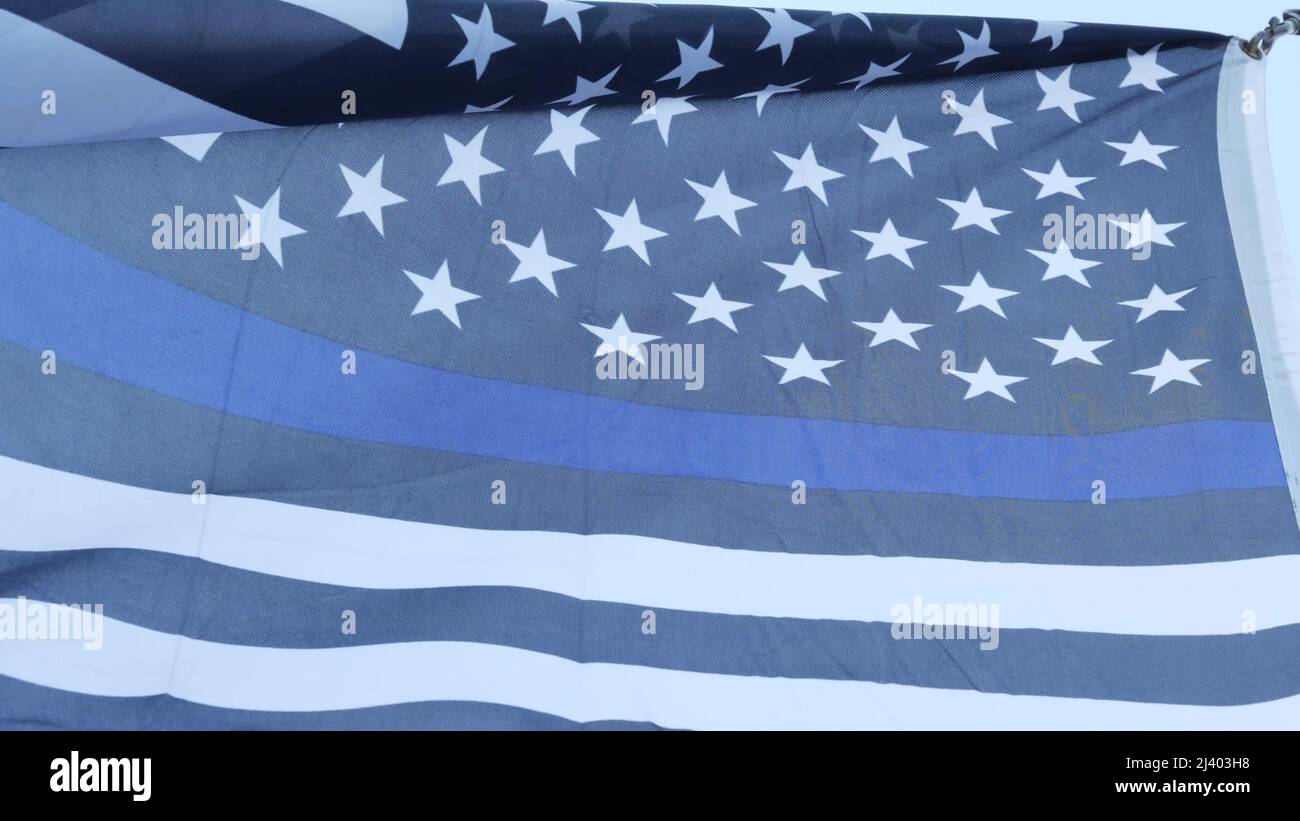 Black white american monochrome flag with blue stripe or line, police
