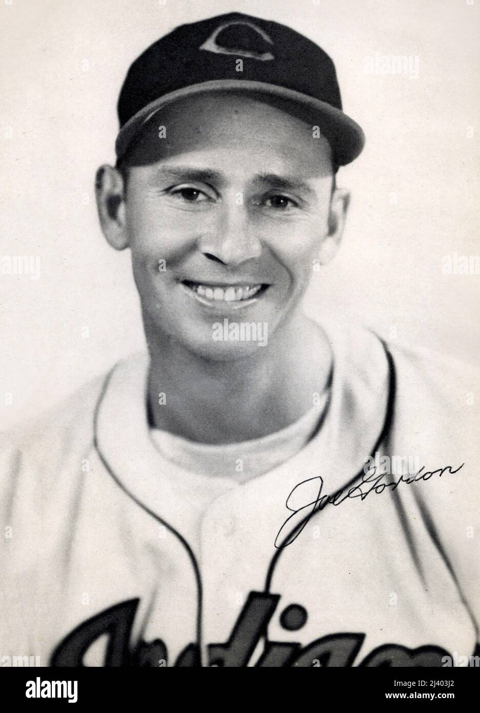 Souvenir black and white photo of Cleveland Indians player Joe Gordon, circa 1940s. Stock Photo