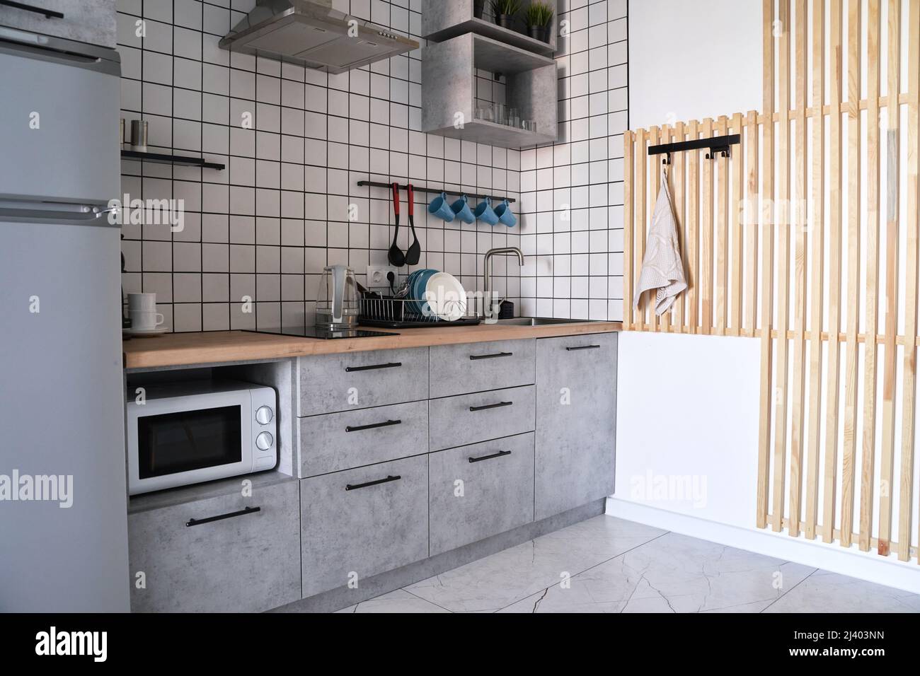 Home kitchen background. Cafe wood style. Countertop backdrop. Modern