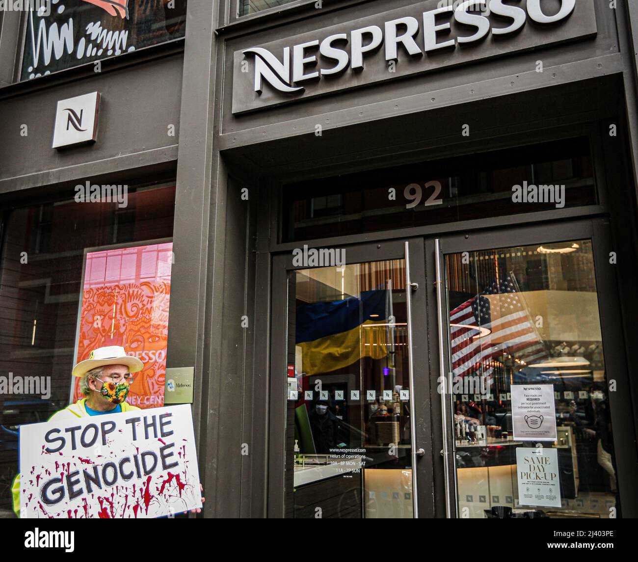 New York, New York, USA. 10th 2022. Protesters gathered outside of Nespresso on Prince street in SOHO Manhattan in rally against the war in Ukraine. Nestle Group, which owns Nespresso as