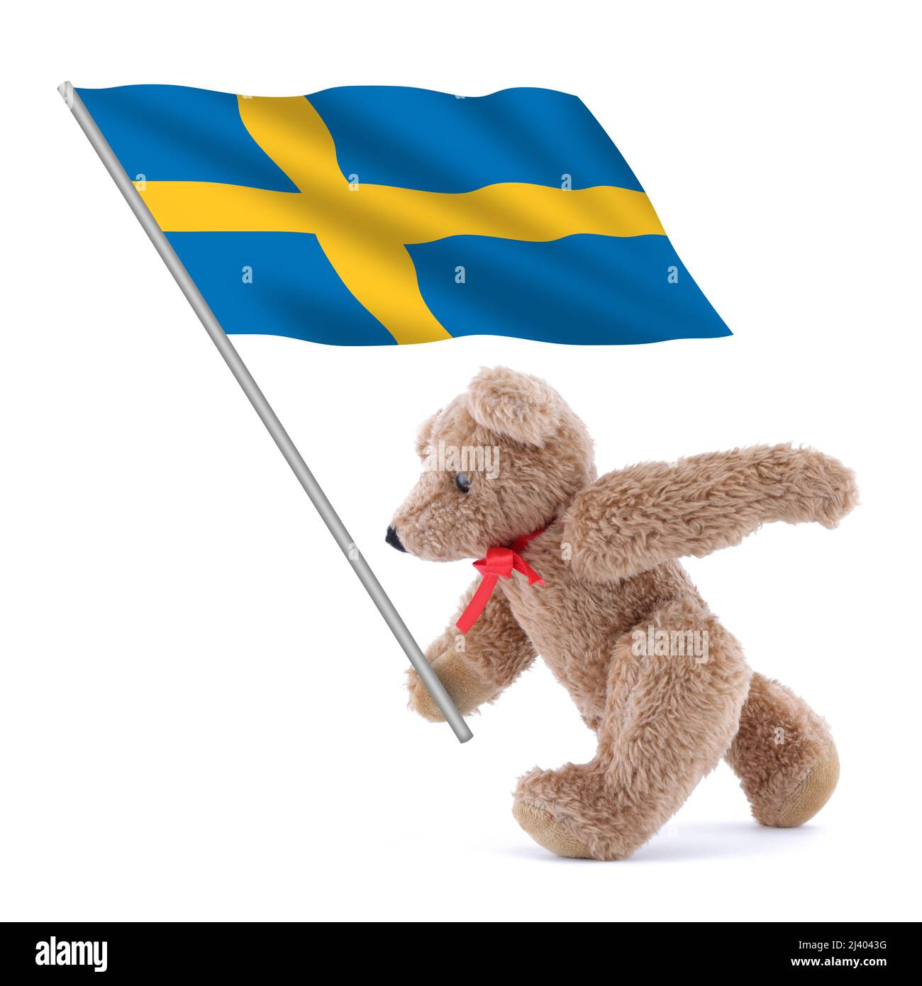 Sweden flag being carried by a cute teddy bear Stock Photo