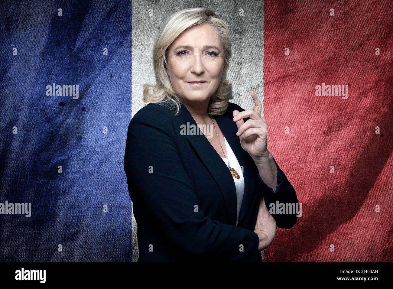 Marine Le Pen and flag of France Stock Photo