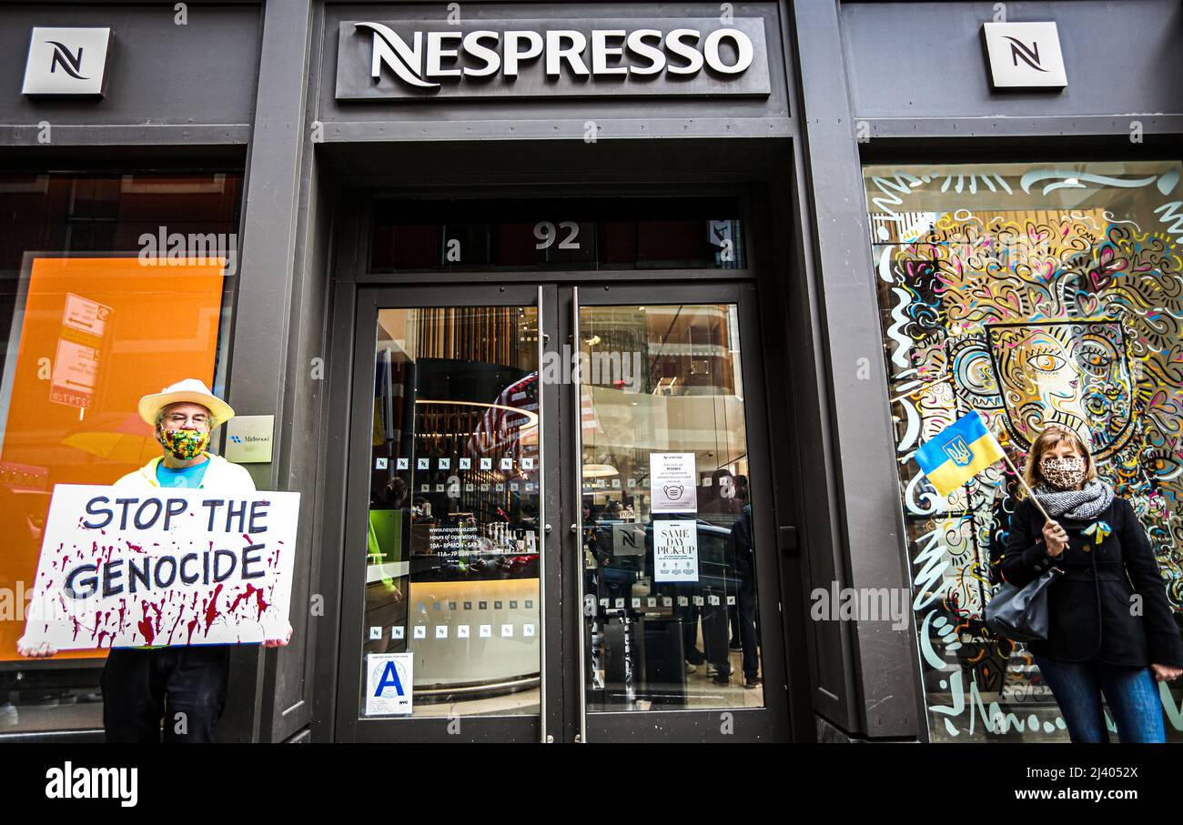 New York, New York, USA. 10th Apr, 2022. Protesters gathered outside of  Nespresso on Prince street in SOHO Manhattan in rally against the war in  Ukraine. Nestle Group, which owns Nespresso as