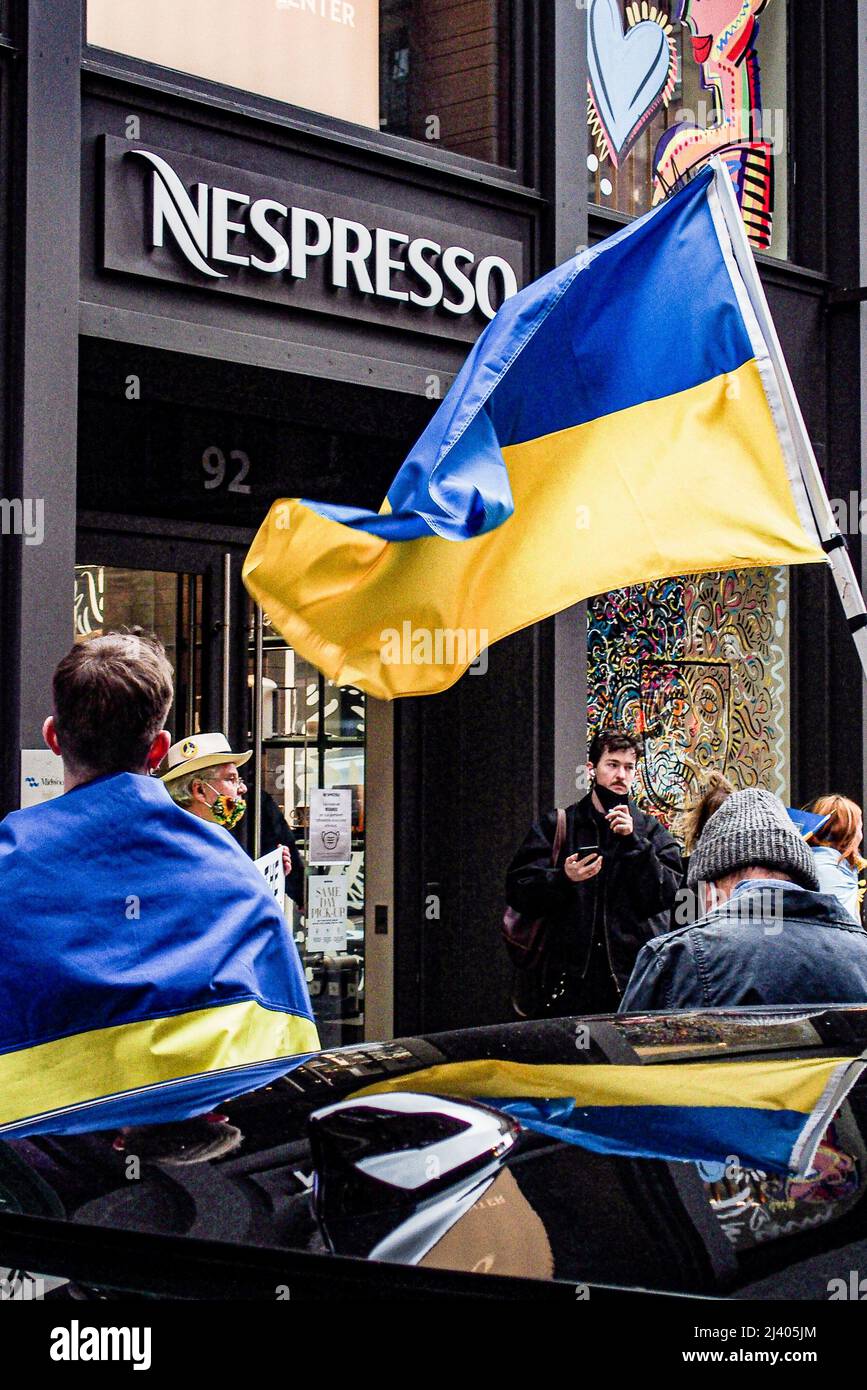 New York, New York, USA. 10th Apr, 2022. Protesters gathered outside of  Nespresso on Prince street in SOHO Manhattan in rally against the war in  Ukraine. Nestle Group, which owns Nespresso as