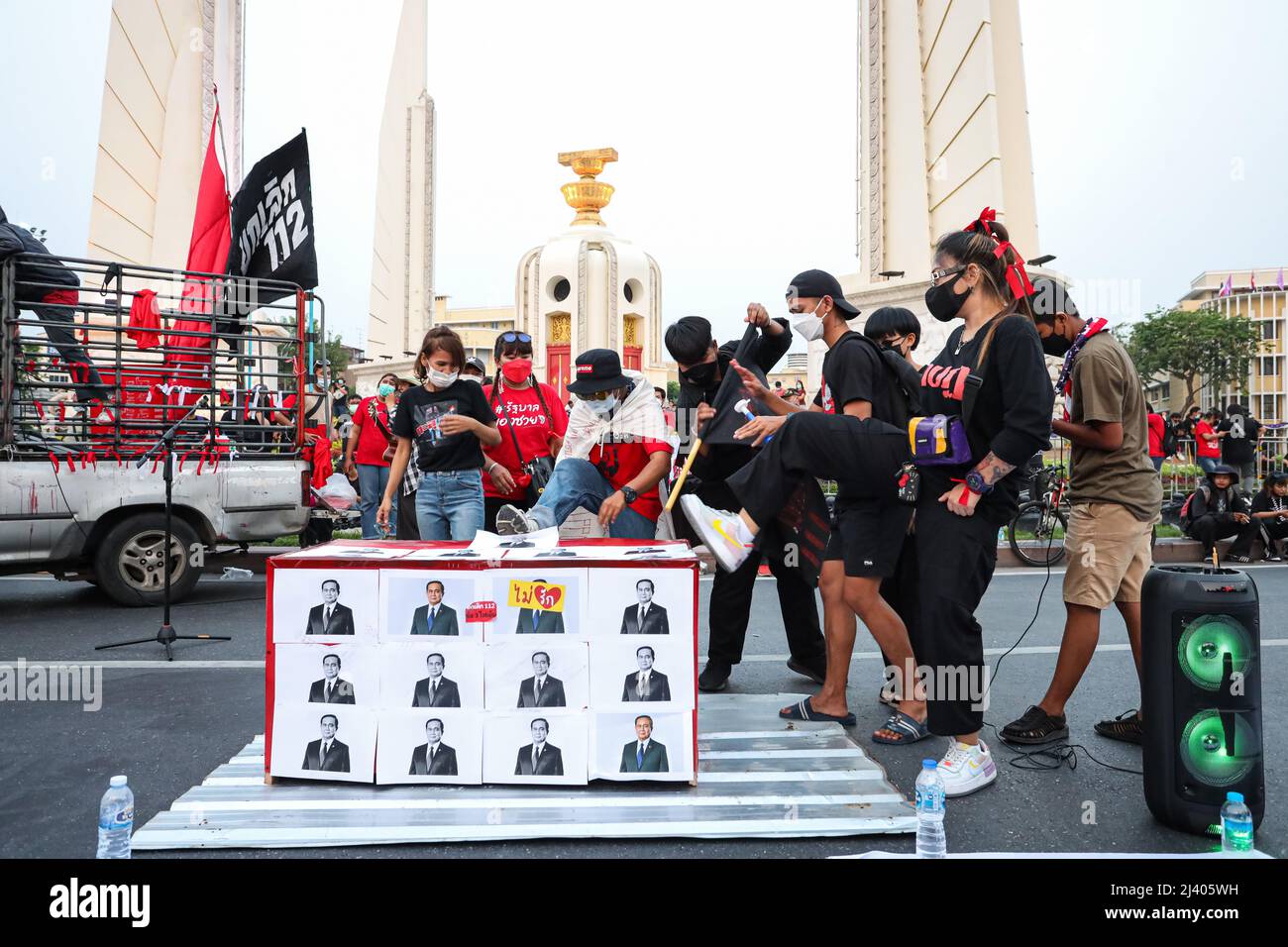 Bangkok, Thailand. 10th Apr, 2022. Protesters commemorate the dissolution of a red shirt rally on Ratchadamnoen Road. and cremated the coffin, attached to the picture General Prayut Chan-o-cha, Prime Minister, at the Democracy Monument who at that time held the position of Deputy Commander-in-Chief of the Royal Thai Army. (Credit Image: © Adirach Toumlamoon/Pacific Press via ZUMA Press Wire) Credit: ZUMA Press, Inc./Alamy Live News Stock Photo