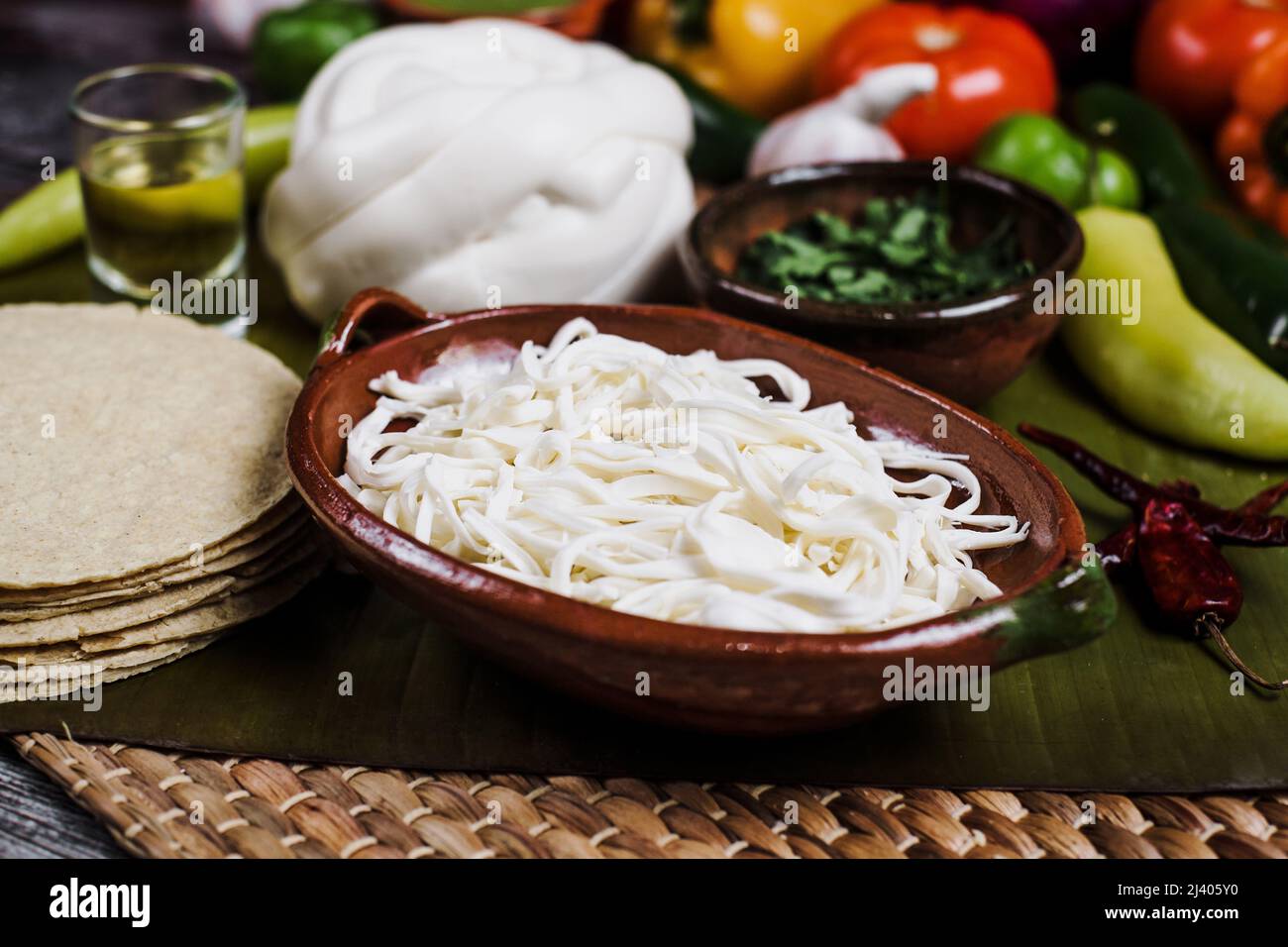 Mexican Oaxaca cheese with fresh ingredients in Mexico Latin America
