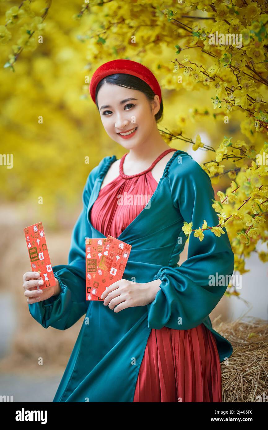 Ho Chi Minh City, Vietnam: Beautiful Vietnamese girl in traditional clothes to celebrate the lunar new year Stock Photo
