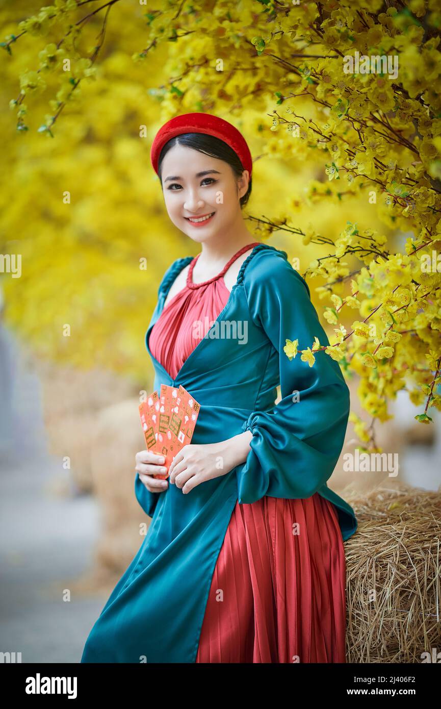 Ho Chi Minh City, Vietnam: Beautiful Vietnamese girl in traditional clothes  to celebrate the lunar new year Stock Photo - Alamy