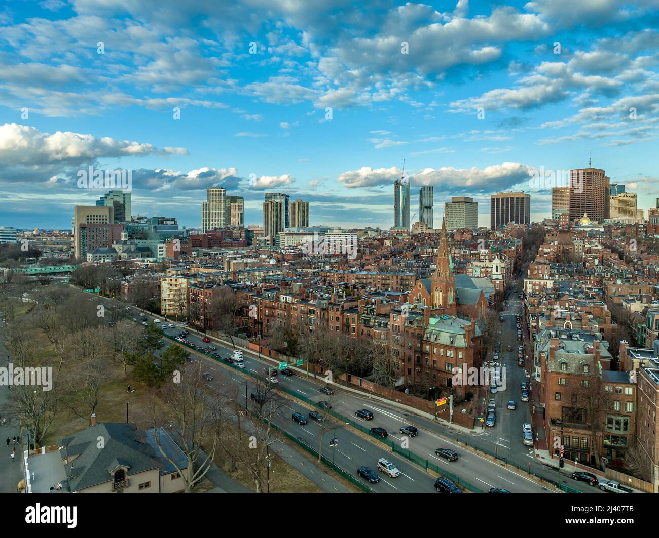 Aerial view of Boston back bay neighborhood with sky scrapers and traditional brown stone old