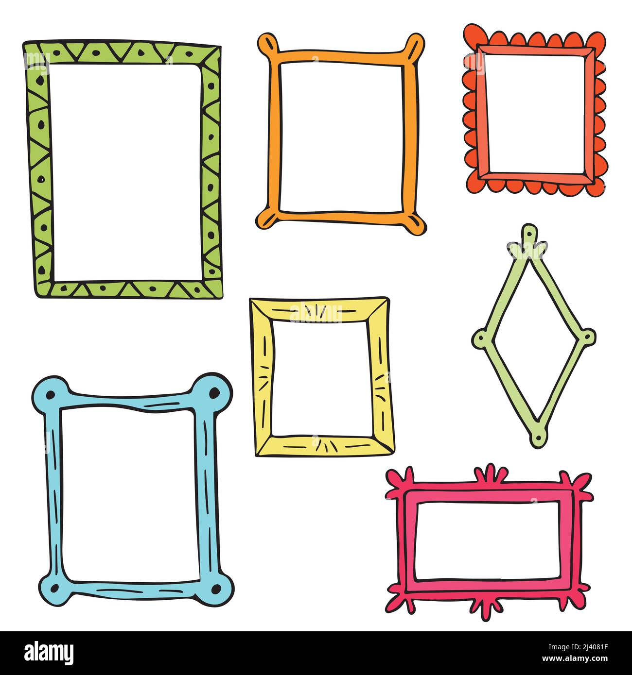 Set of colored hand drawn doodle frames, squares, vector borders design elements. Stock Vector