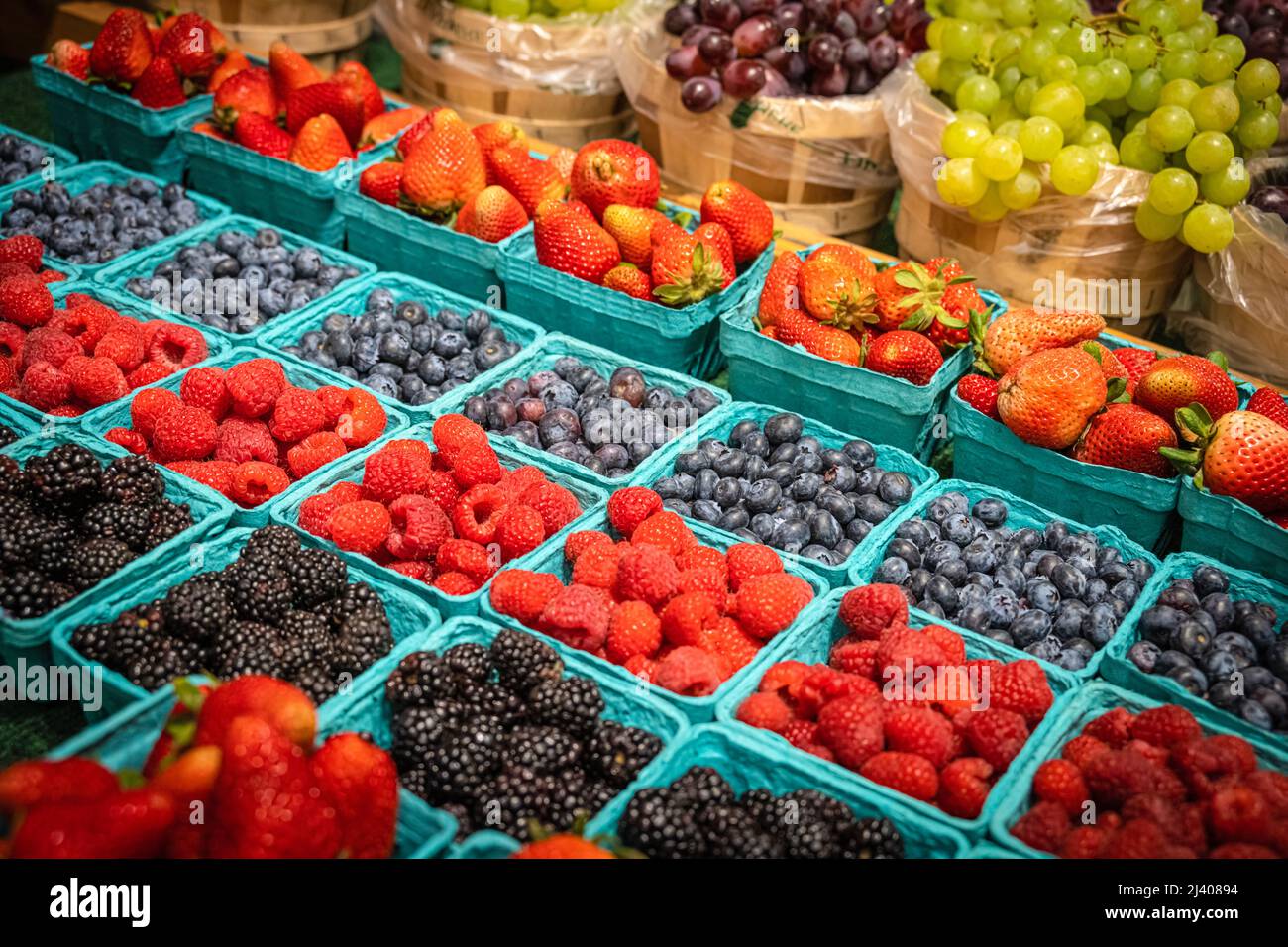 Colorful fresh fruit display at Riehl's Produce in the BirdinHand