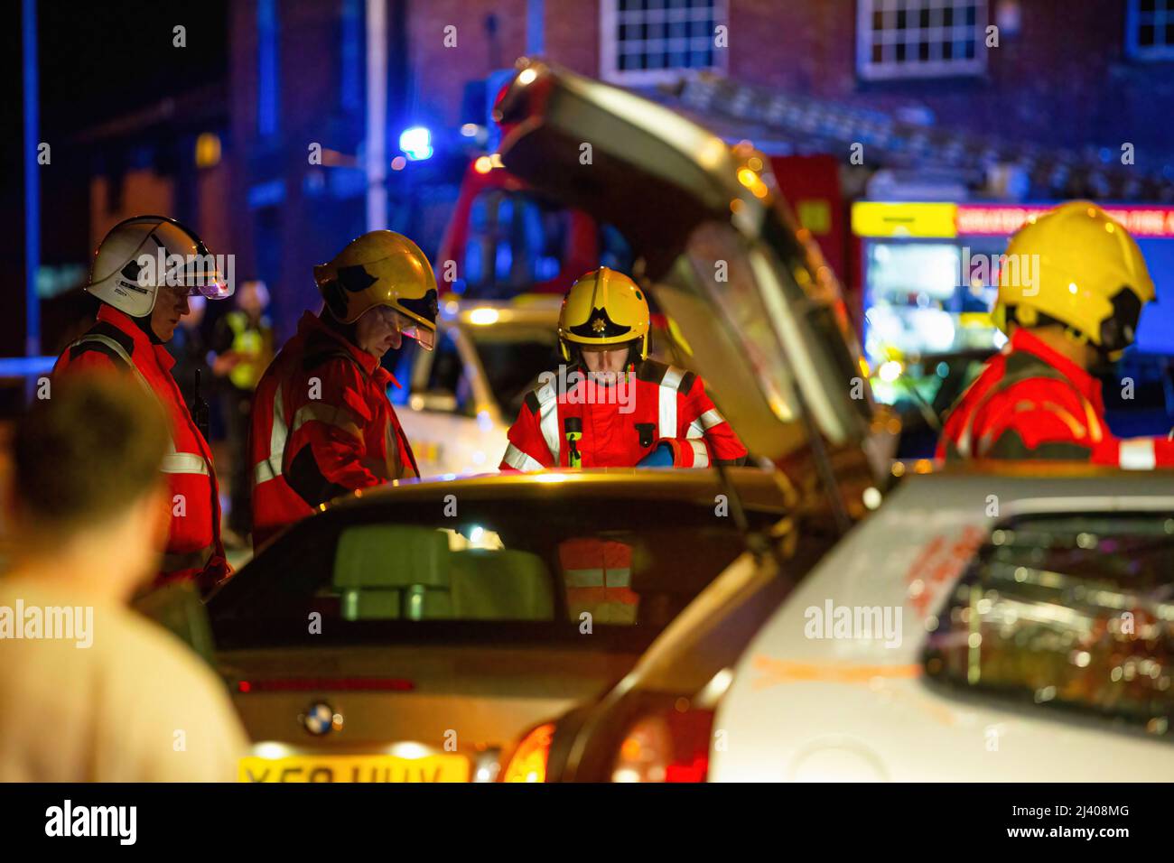 Middleton, UK. 10th Apr, 2022. Firefighters seen assessing a damaged