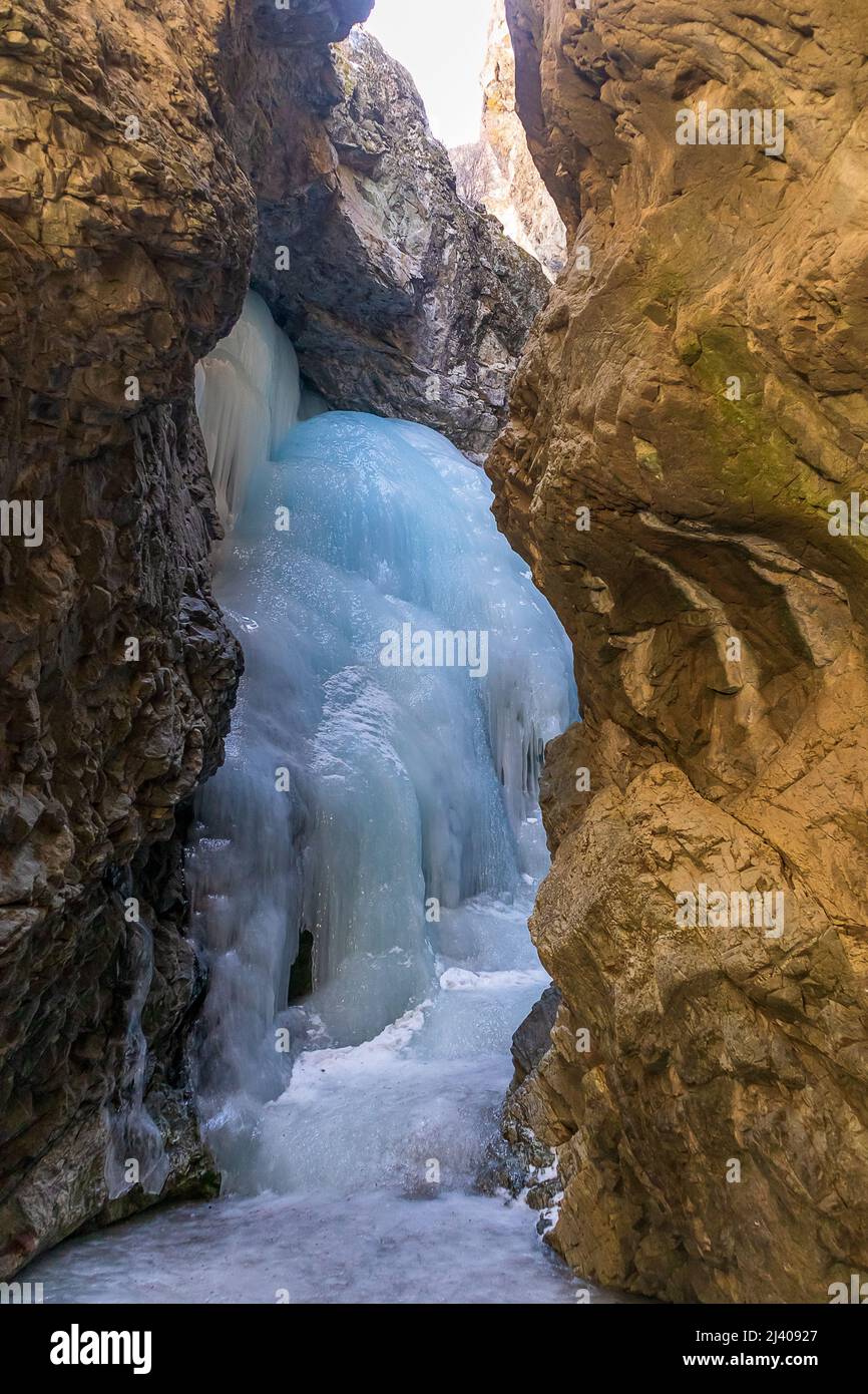 Frozen Zapata Falls in Great Sand Dunes National Park,  Alamosa, Colorado Stock Photo