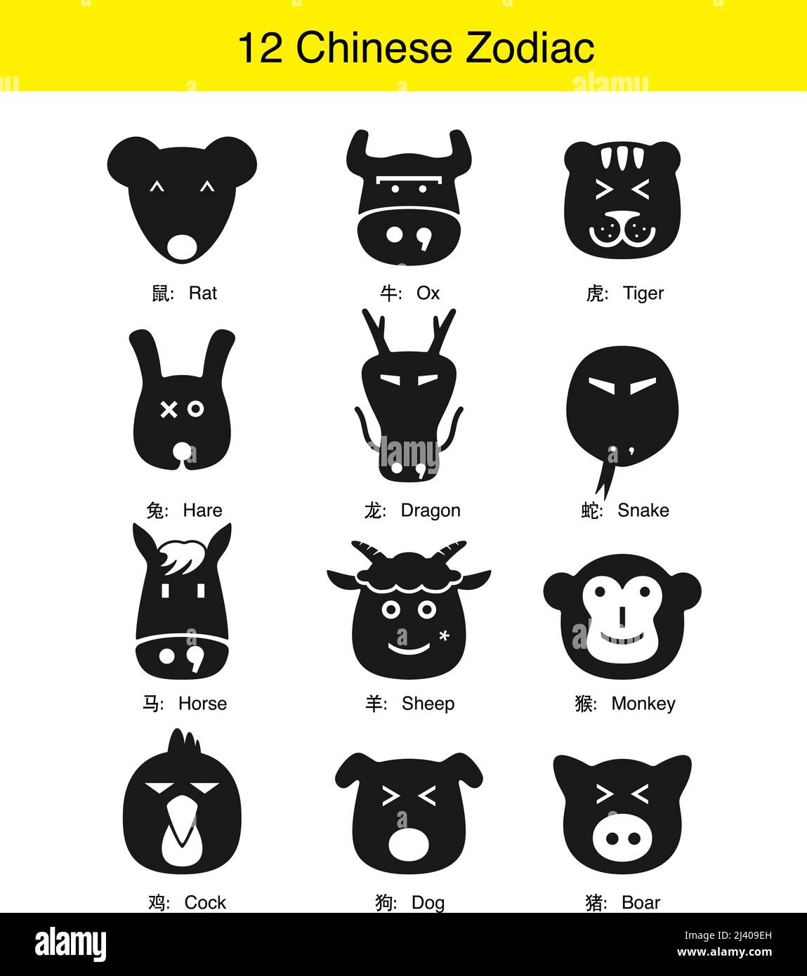12 Chinese Traditional zodiac animal face flat icon design Stock Vector  Image & Art - Alamy